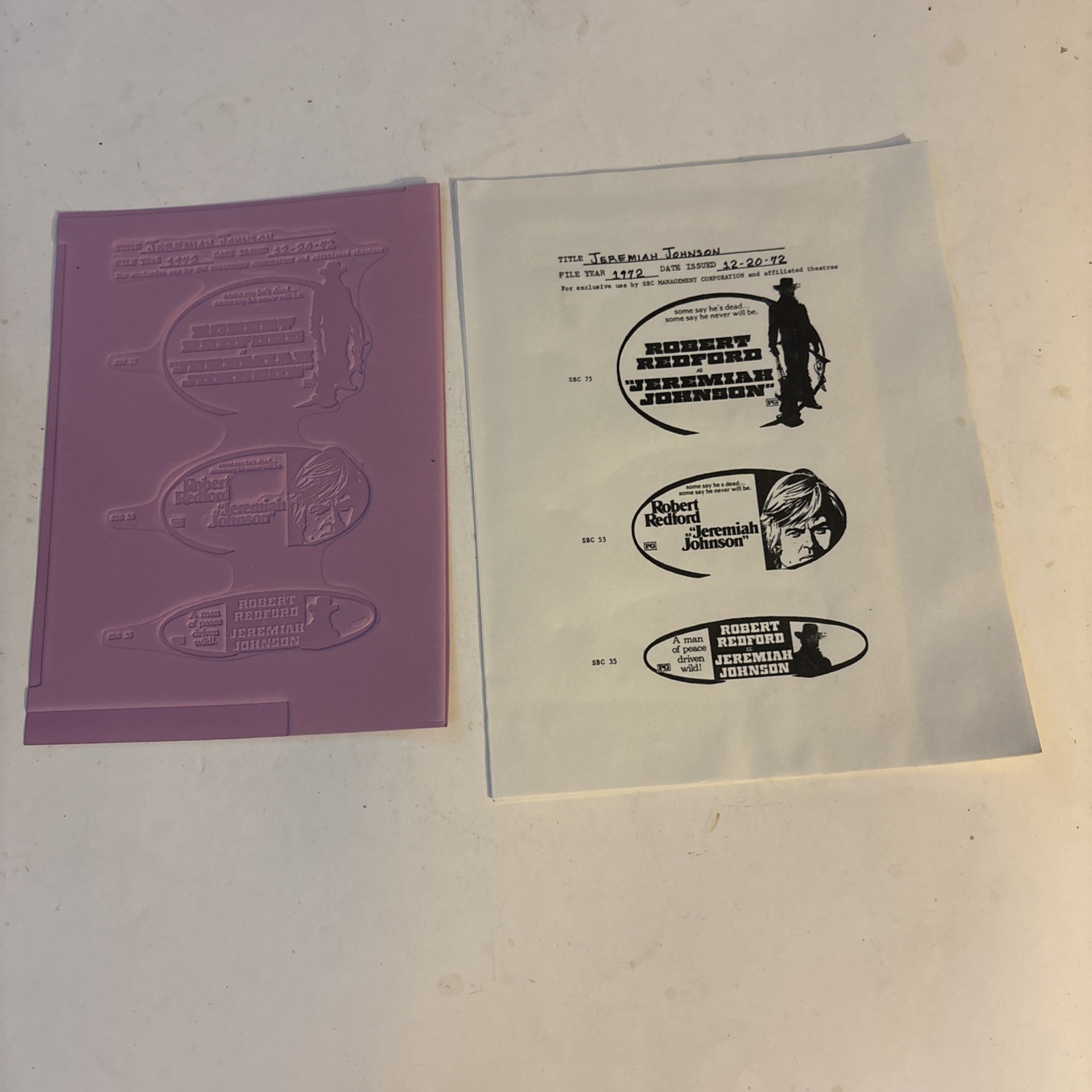 1972 JEREMIAH JOHNSON Movie Advertising Printing Plate. Robert Redford RARE