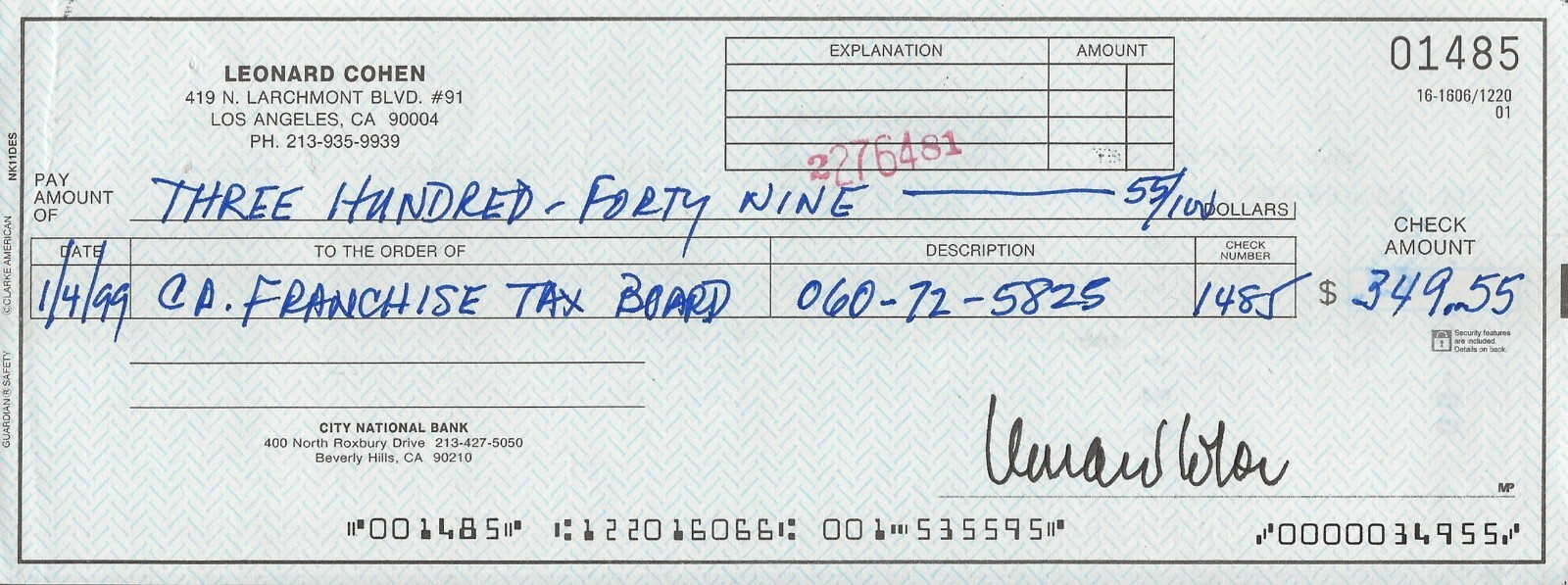 Leonard Cohen composer REAL hand SIGNED Full Size Personal Check #4 JSA COA