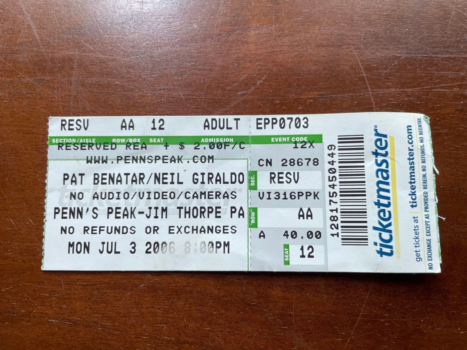 Jul 3, 2006 PAT BENATAR/NEIL GIRALDO Penn’s Peak – Jim Thorpe, PA Ticket Stub