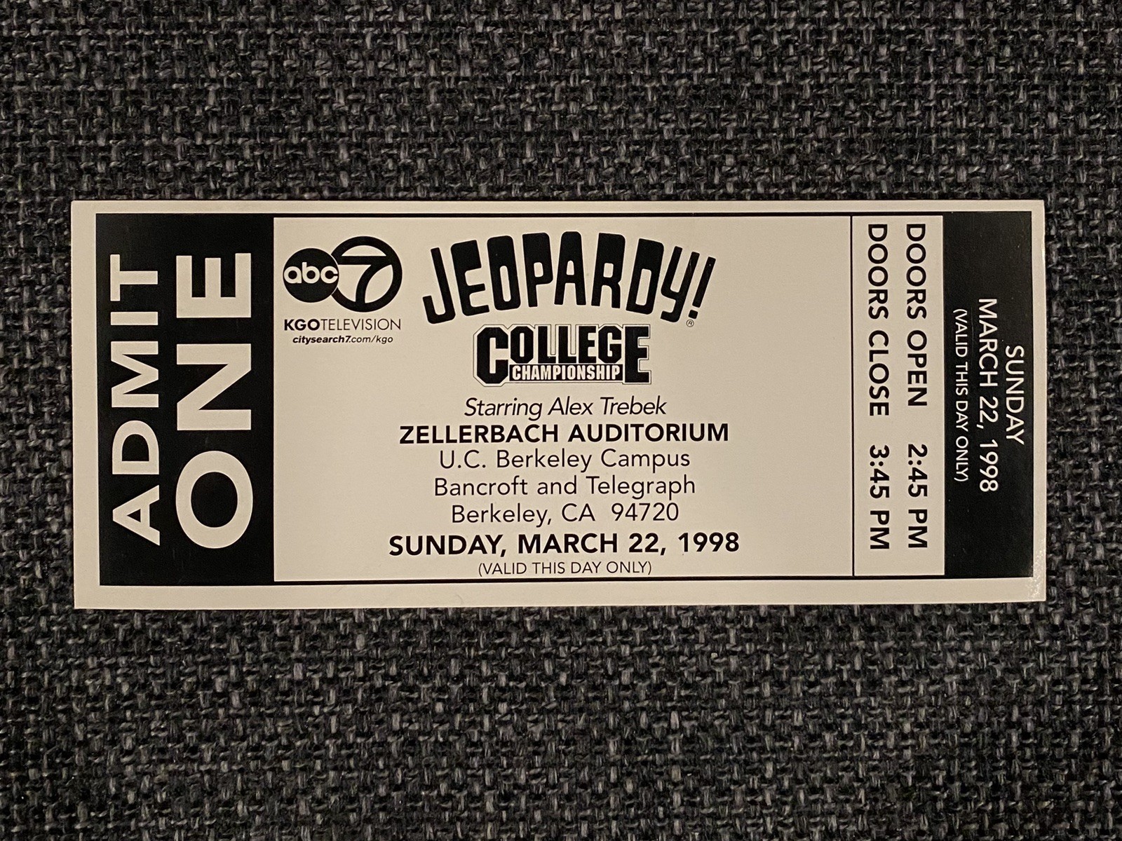 Jeopardy! College Championship Tournament Ticket 1998 TV Game Show Alex Trebek