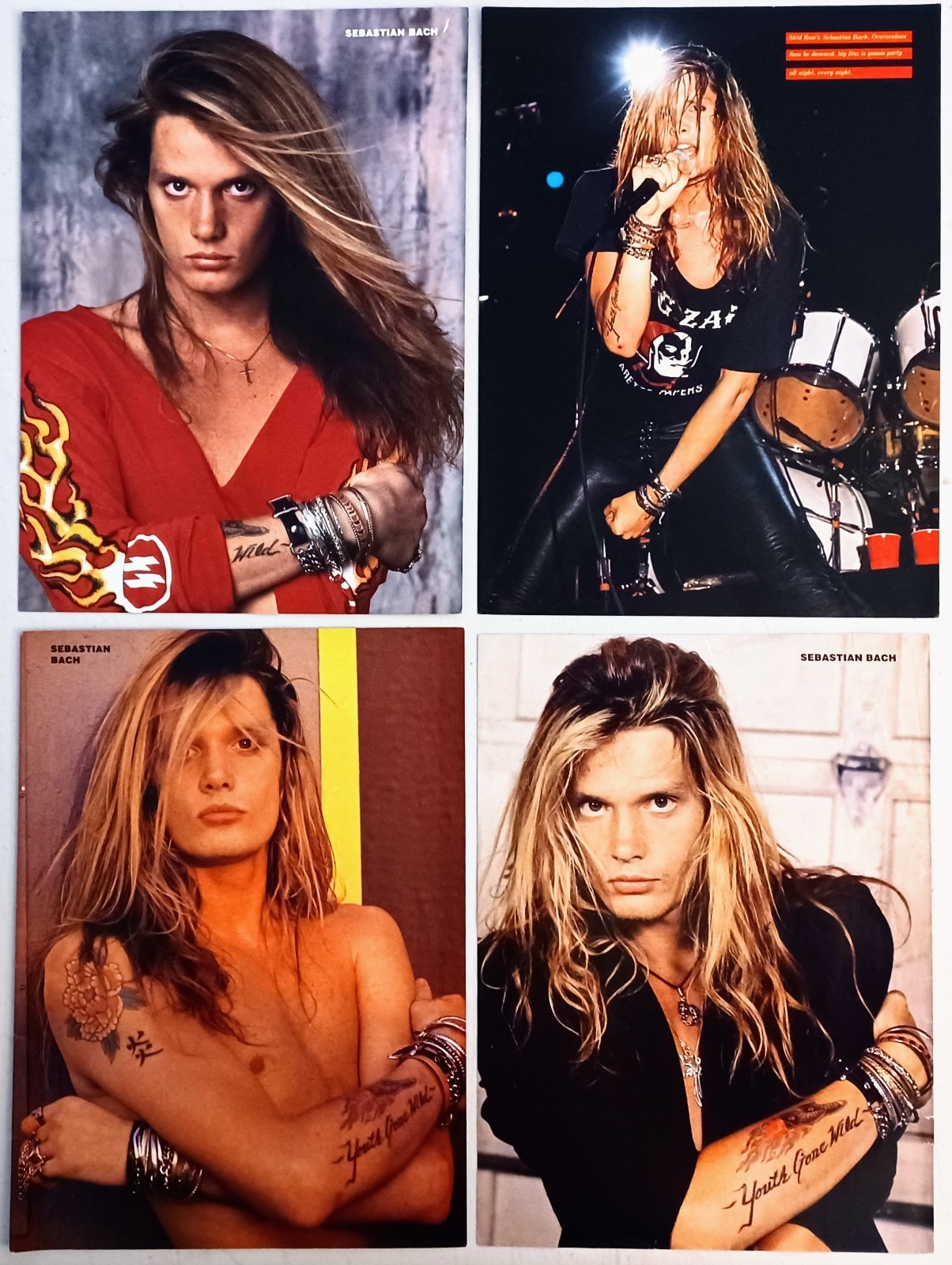 SKID ROW~SEBASTIAN BACH~4 POSTER LOT~ORIG 1990 FULL PAGE MAGAZINE PINUP CLIPPING