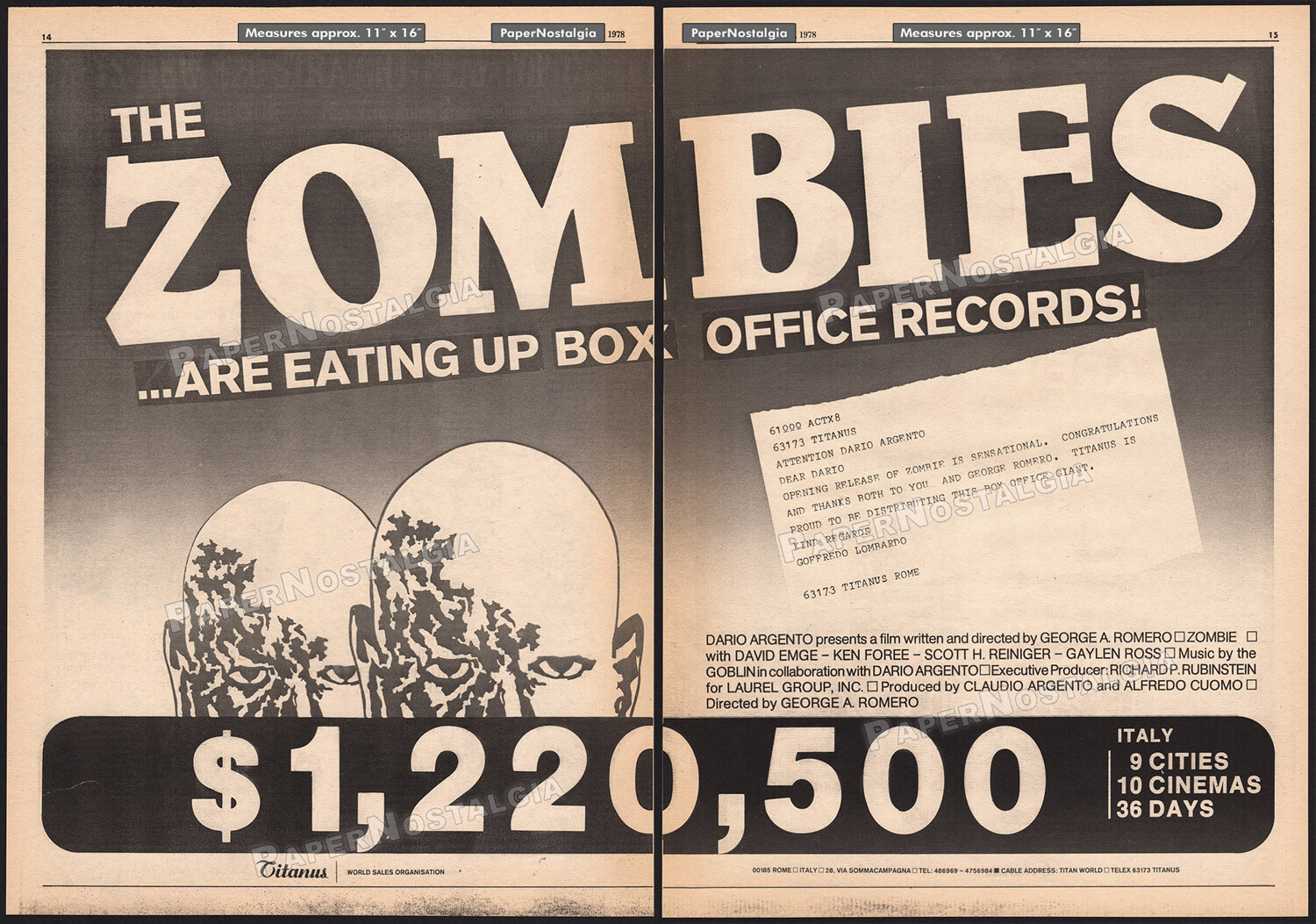 ZOMBIE / DAWN OF THE DEAD – Orig. 1978 Trade AD/ poster – Dario Argento – Romero