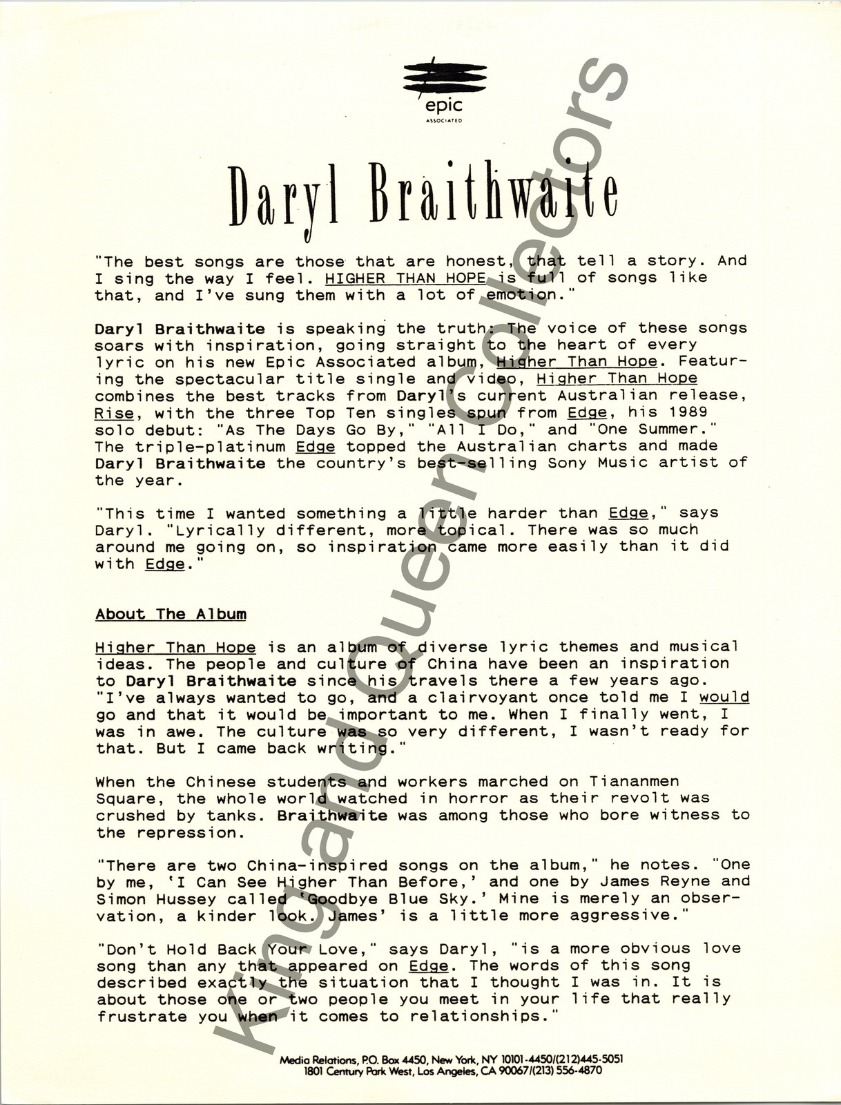 Daryl Braithwaite Original Epic Associated Press Kit Album Information Sheet