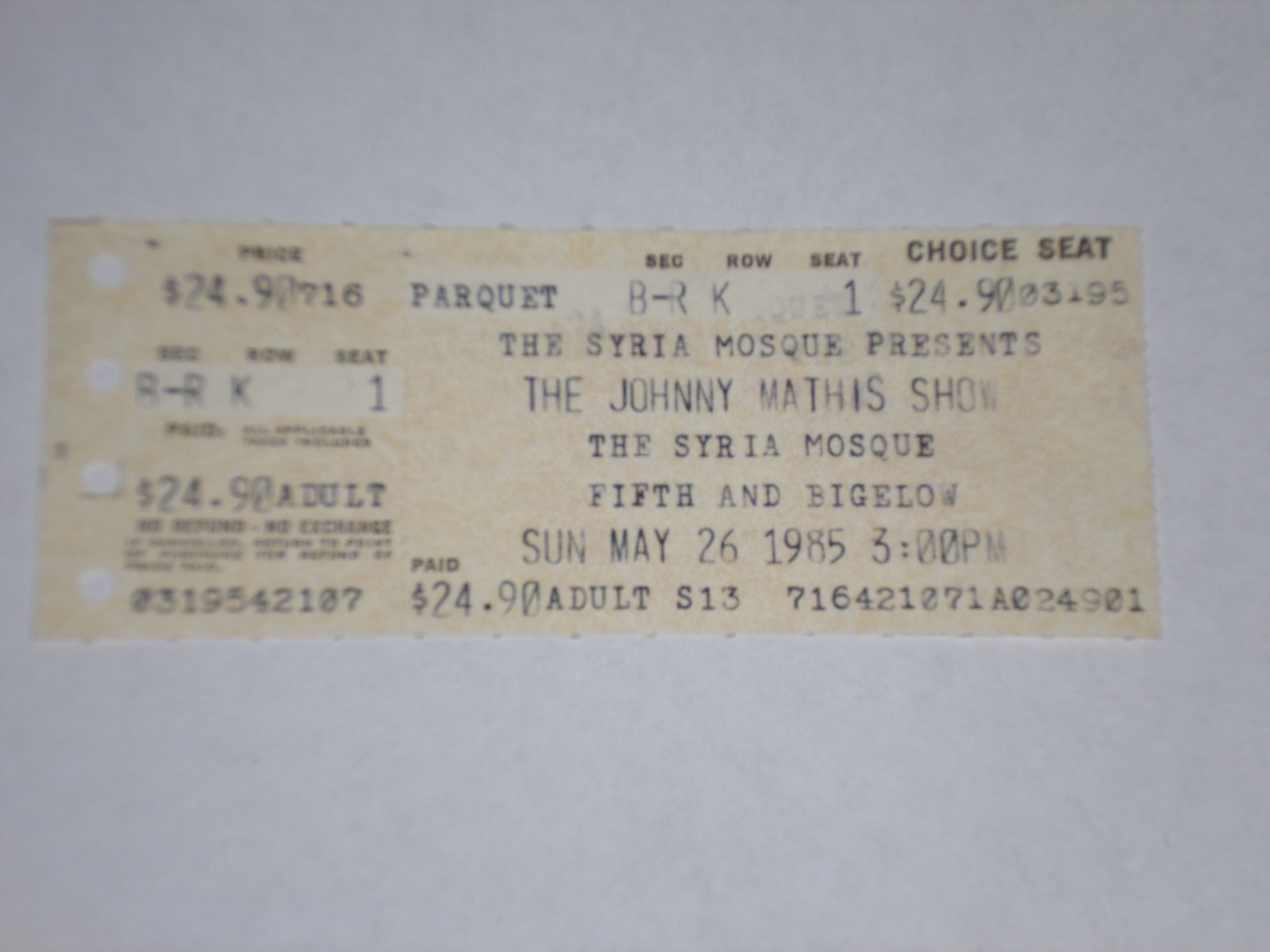 Johnny Mathis Concert Ticket Stub-1985-“Chances Are”-Syria Mosque-Pittsburgh,PA