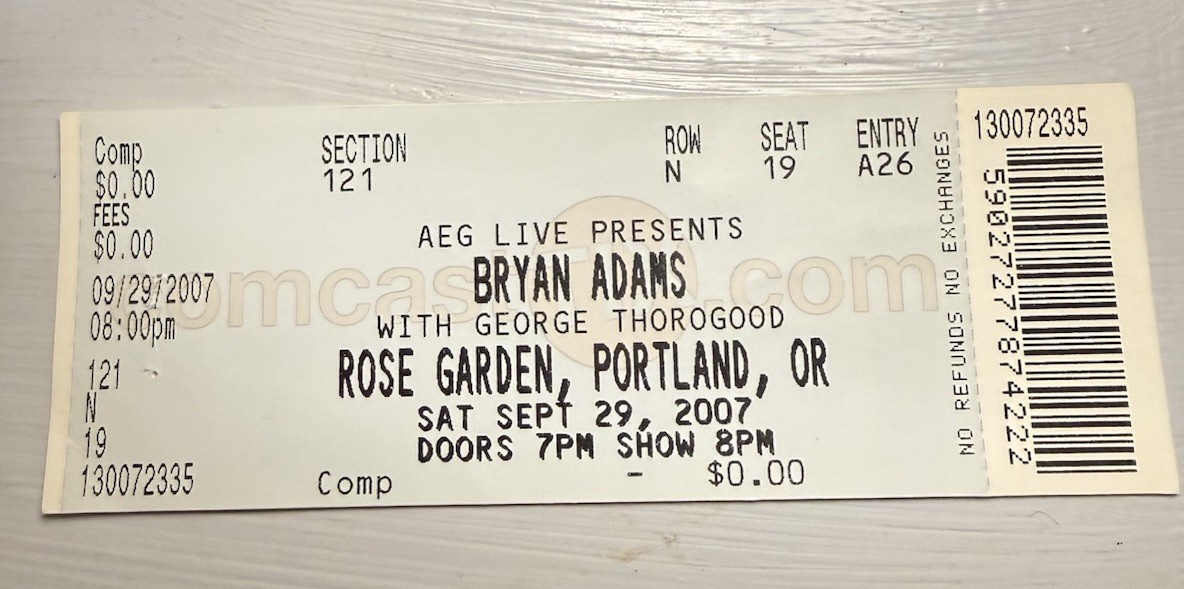 BRYAN ADAMS/GEORGE THOROGOOD RARE CONCERT TICKET STUB PORTLAND, OR 09/29/2007