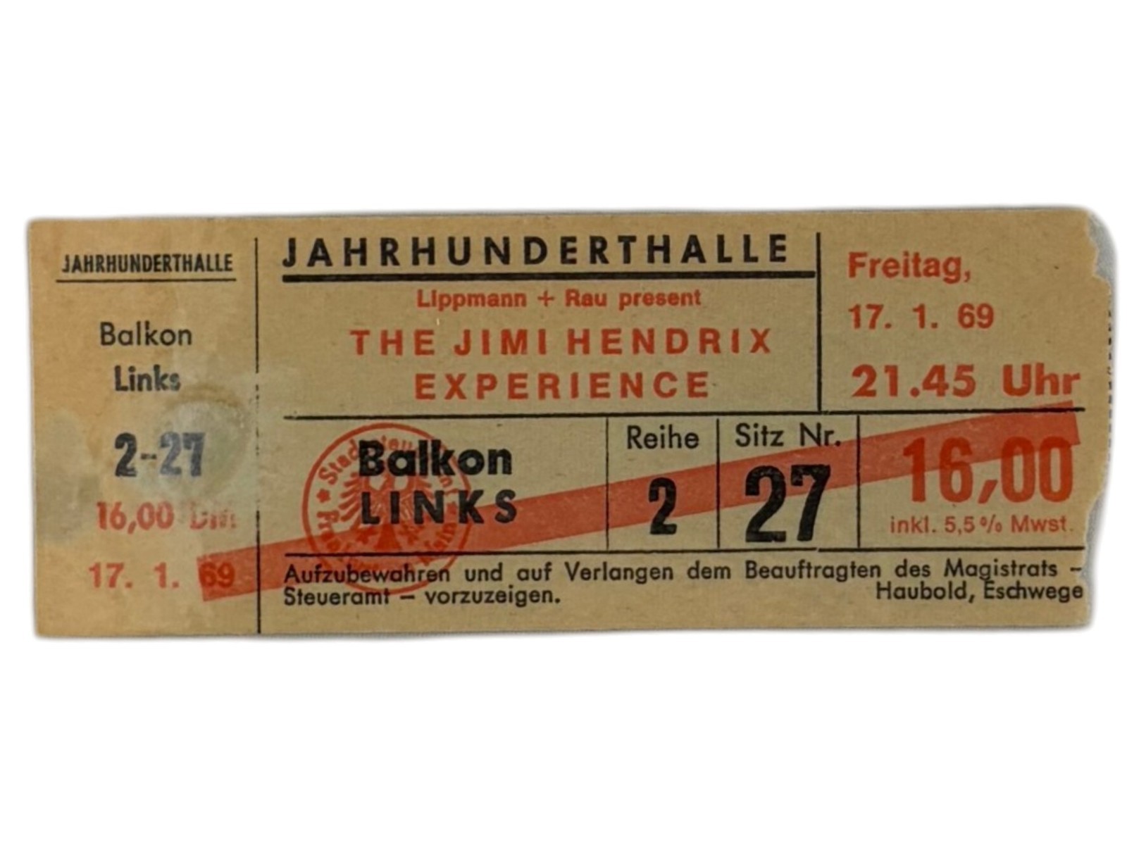 Jimi Hendrix Experience Jan 17 1969 Ticket Jahrhunderthalle Frankfurt Original L