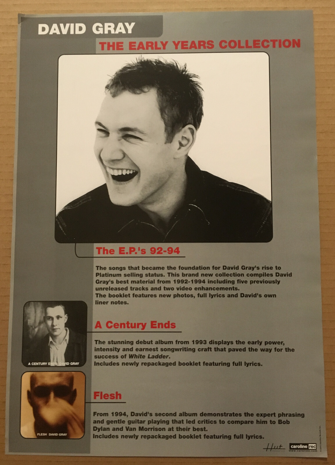 DAVID GRAY Rare 2001 ALTERNATE COLOR PROMO POSTER 4 Early CD 12×17 Never Display