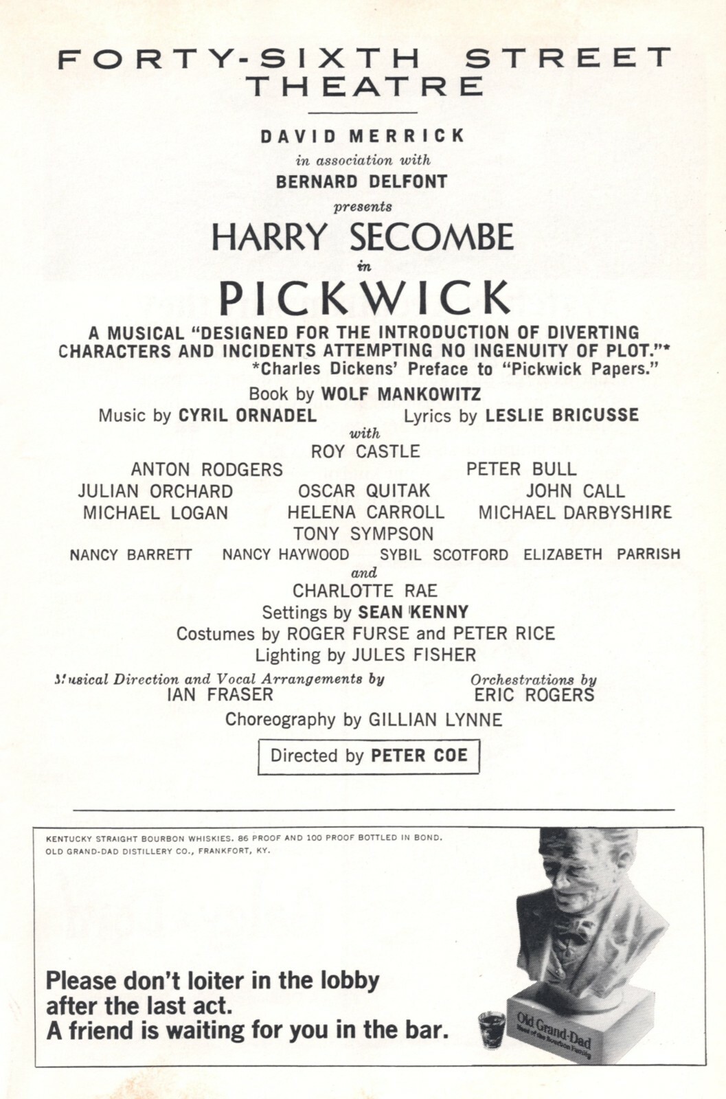 Harry Secombe “PICKWICK” Charlotte Rae / Leslie Bricusse 1965 Playbill / Ticket