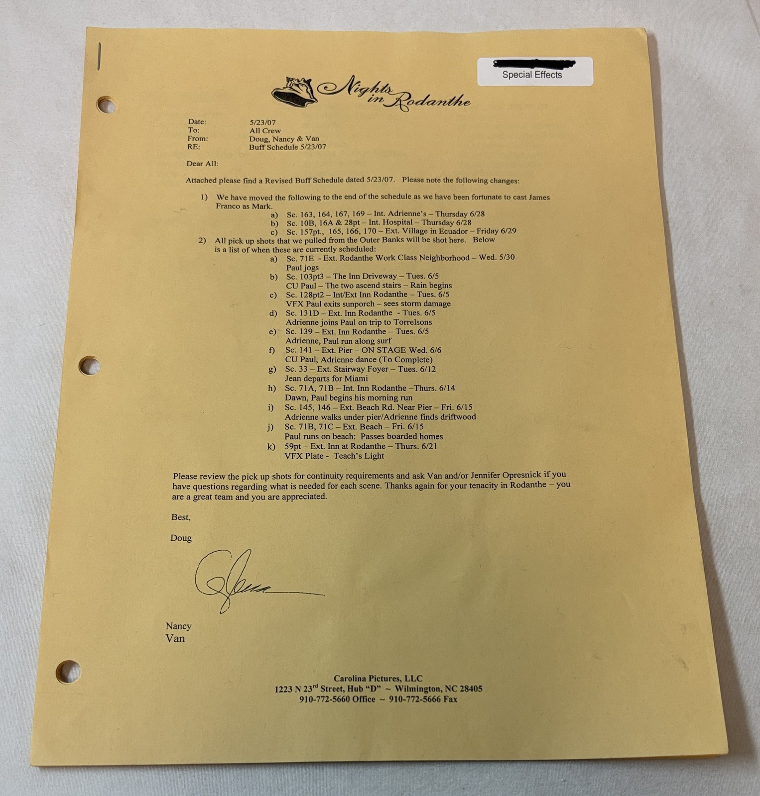 2007 NIGHTS IN RODANTHE original movie SHOOTING SCHEDULE ~ buff yellow