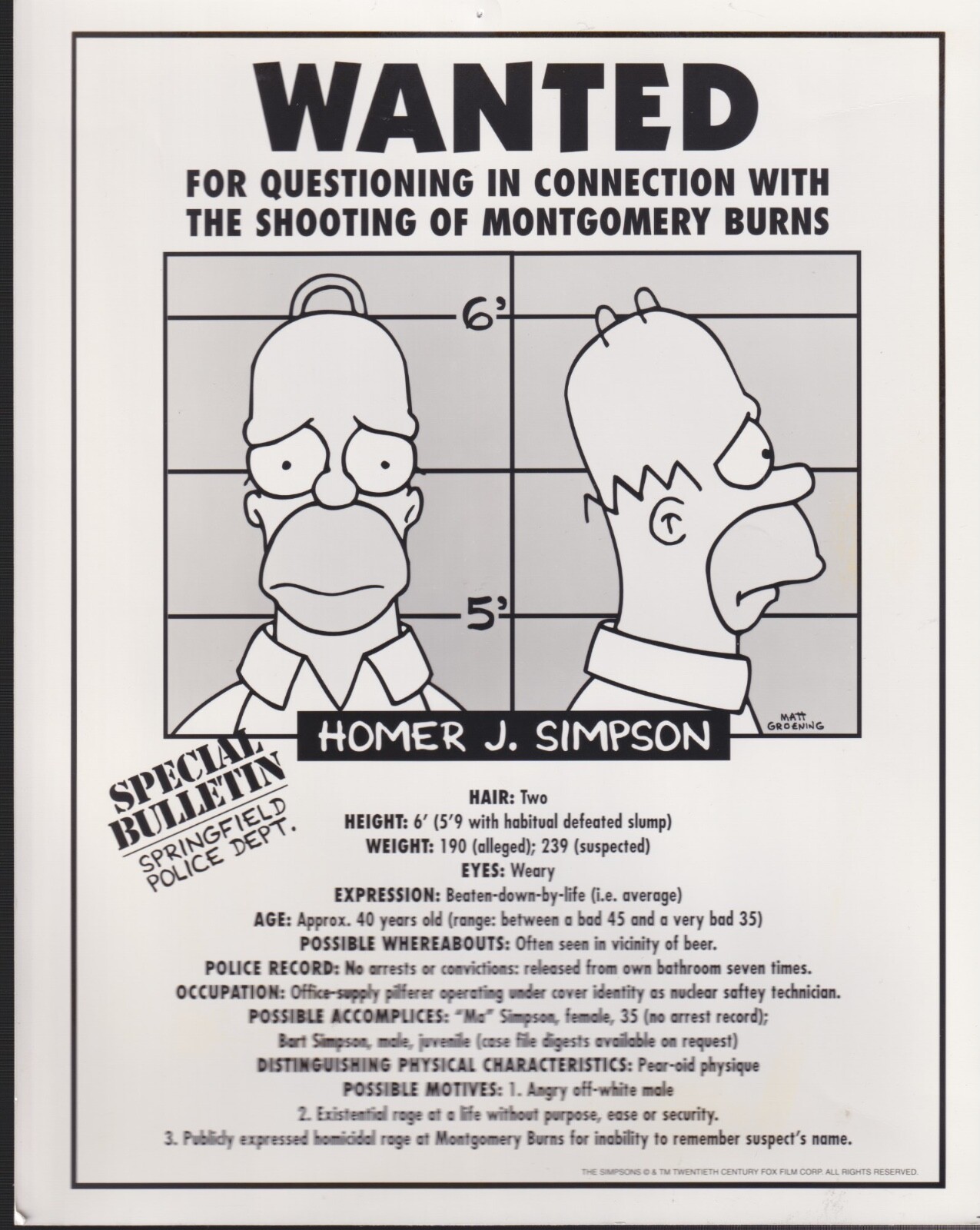Homer Simpson wanted press photo 1990