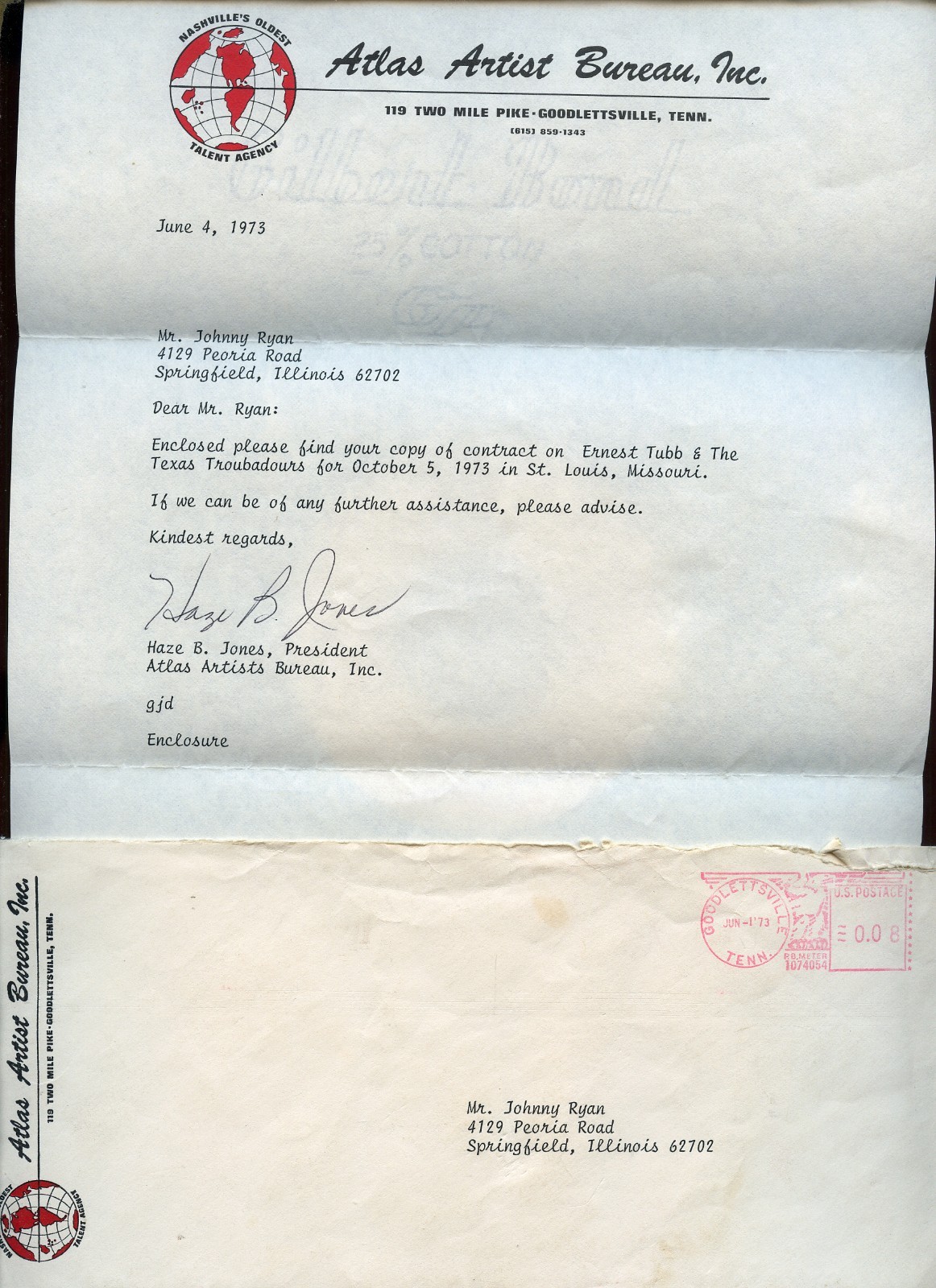 Rare Ernest Tubb Signed Performance Contract, Letter & Envelope – Atlas Artist
