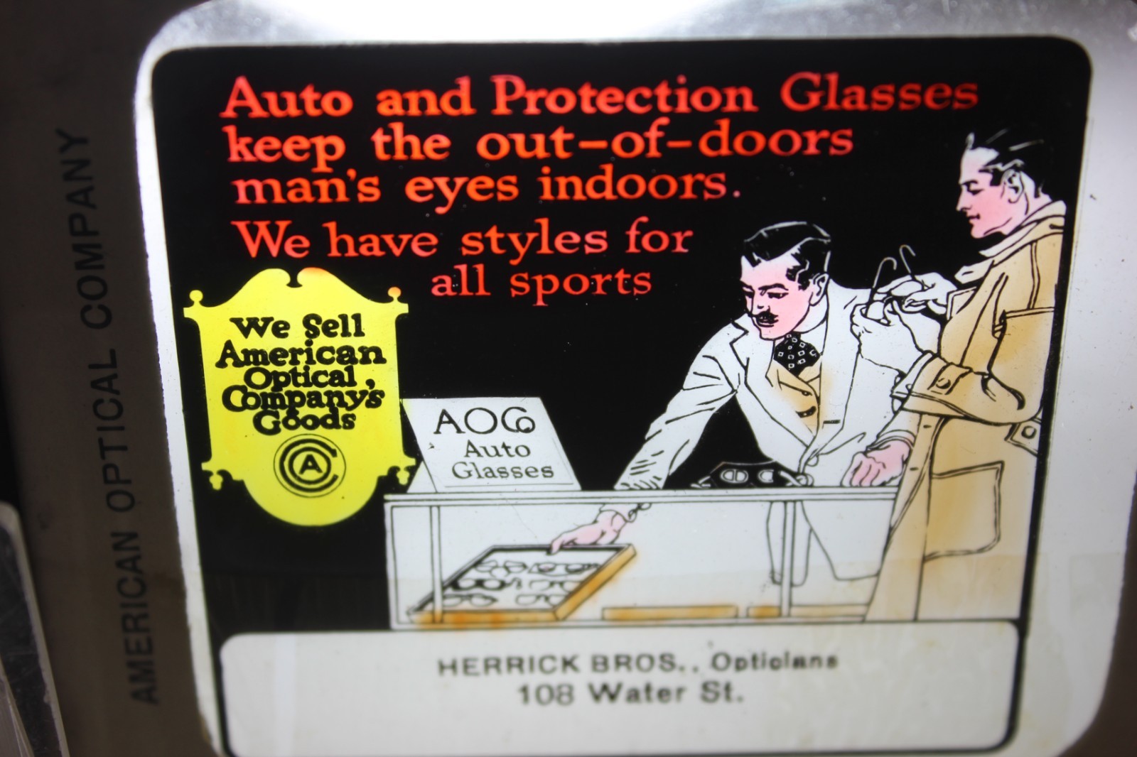 Magic Lantern Glass Slide ~ American Optical Co. Goods -BOYNE CITY, MICH.