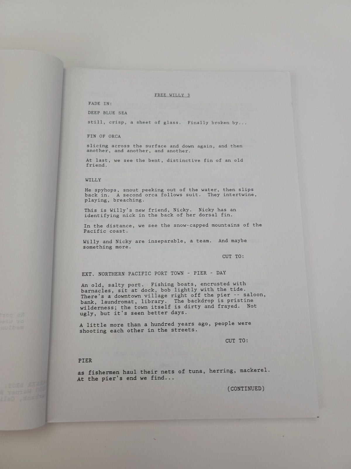 FREE WILLY 3: THE RESCUE / John Mattson 1996 Agency Screenplay, killer whale