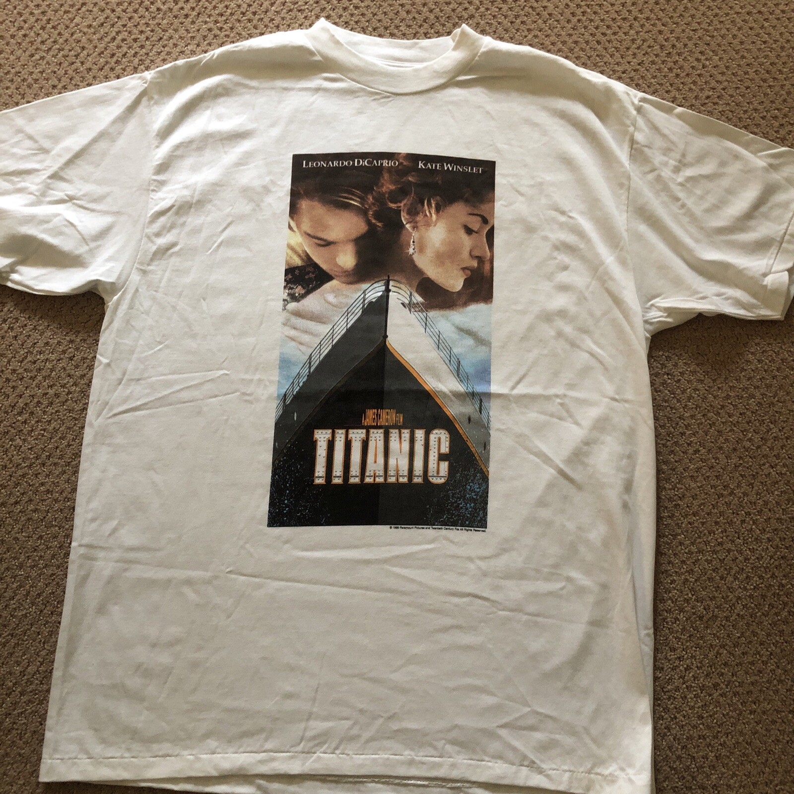 VINTAGE TITANIC MOVIE PROMO TEE SHIRT NEW X LARGE FEATURING LEONARDO & KATE 1998