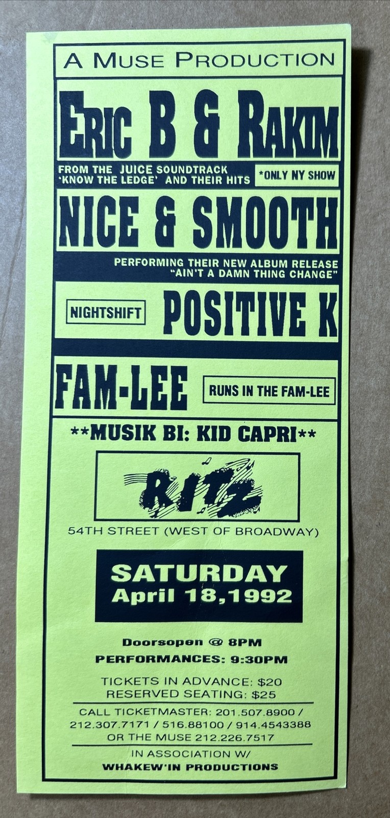 1992 ERIC B & RAKIM Positive KNICE & SMOOTH Kid Capri NYC Rap Show Flyer Hip Hop