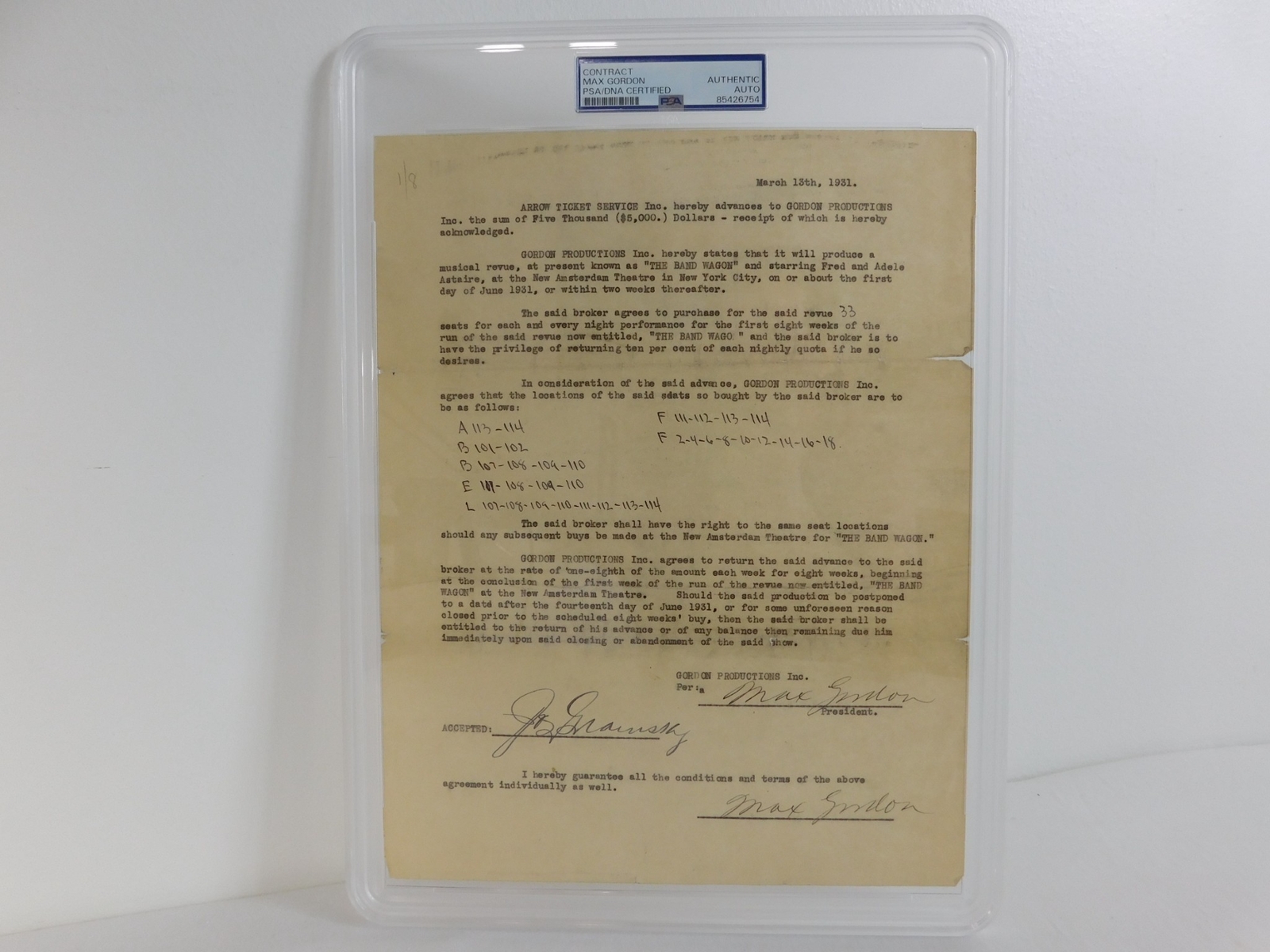 1931 Max Gordon Signed $5000 Contract “Band Wagon” Producer PSA Encapsulated