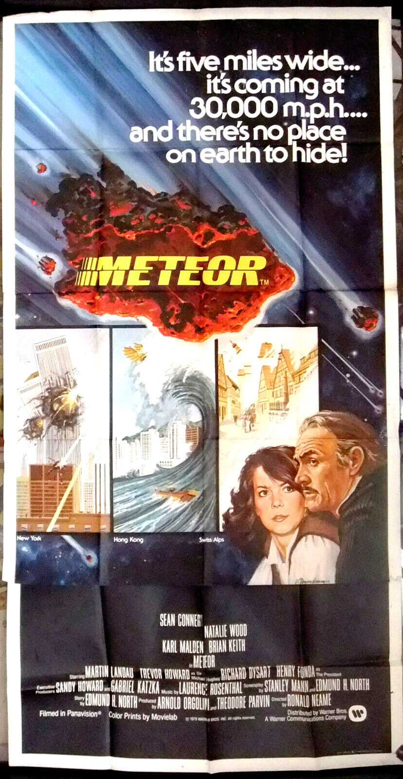 Meteor {Sean Connery} 81x41in Original Vintage 3sh Movie Poster 70s
