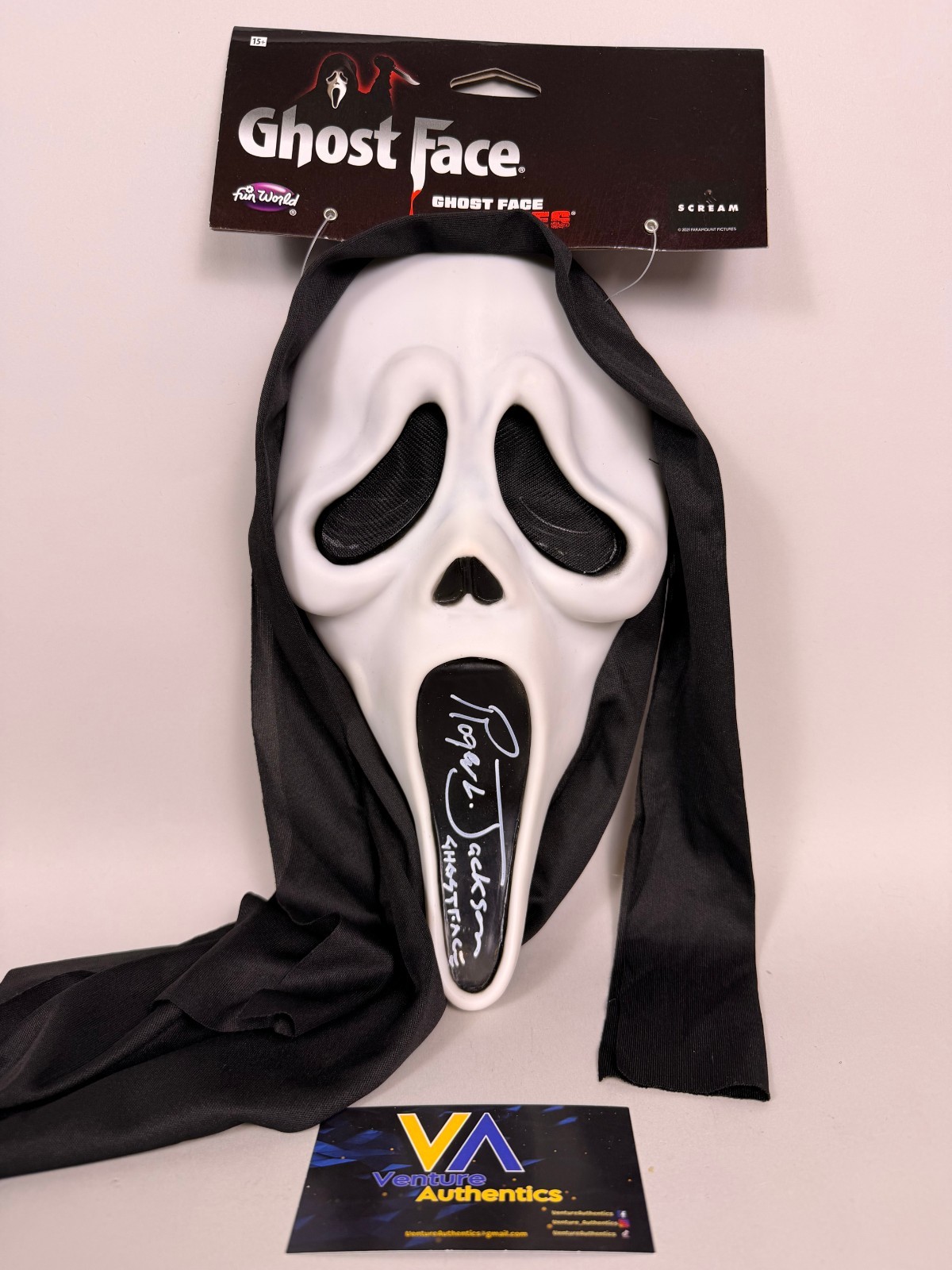 Roger L. Jackson Signed Ghost Face Fun World Scream Mask w/ JSA WITNESS COA