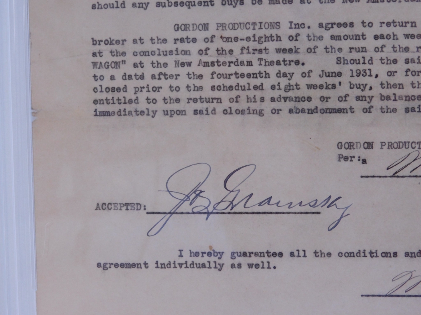 1931 Max Gordon Signed $5000 Contract “Band Wagon” Producer PSA Encapsulated
