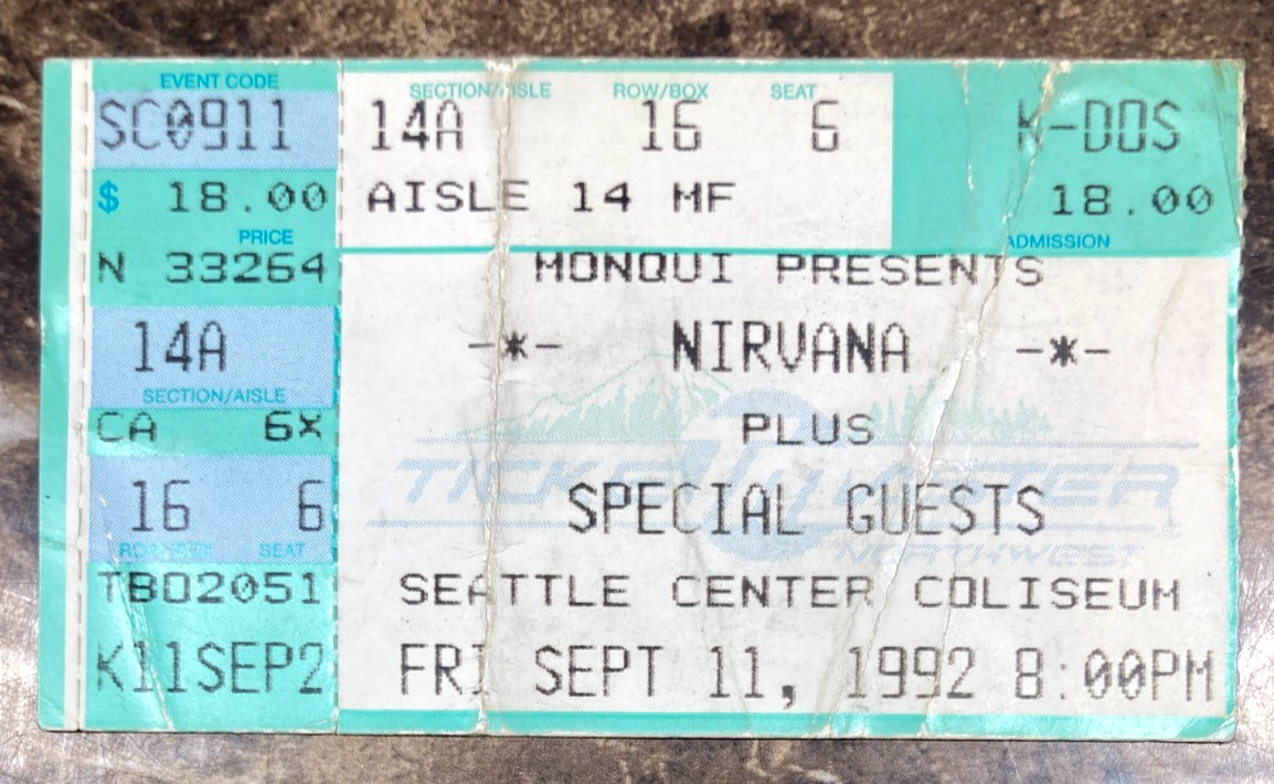 Nirvana Concert Ticket Stub September 11, 1992 Seattle Center Coliseum Nevermind