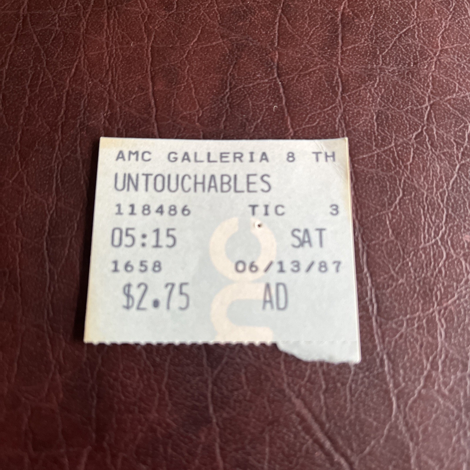 1987 The Untouchables Original Release Movie Ticket Stub 6/13/87 Sean Connery