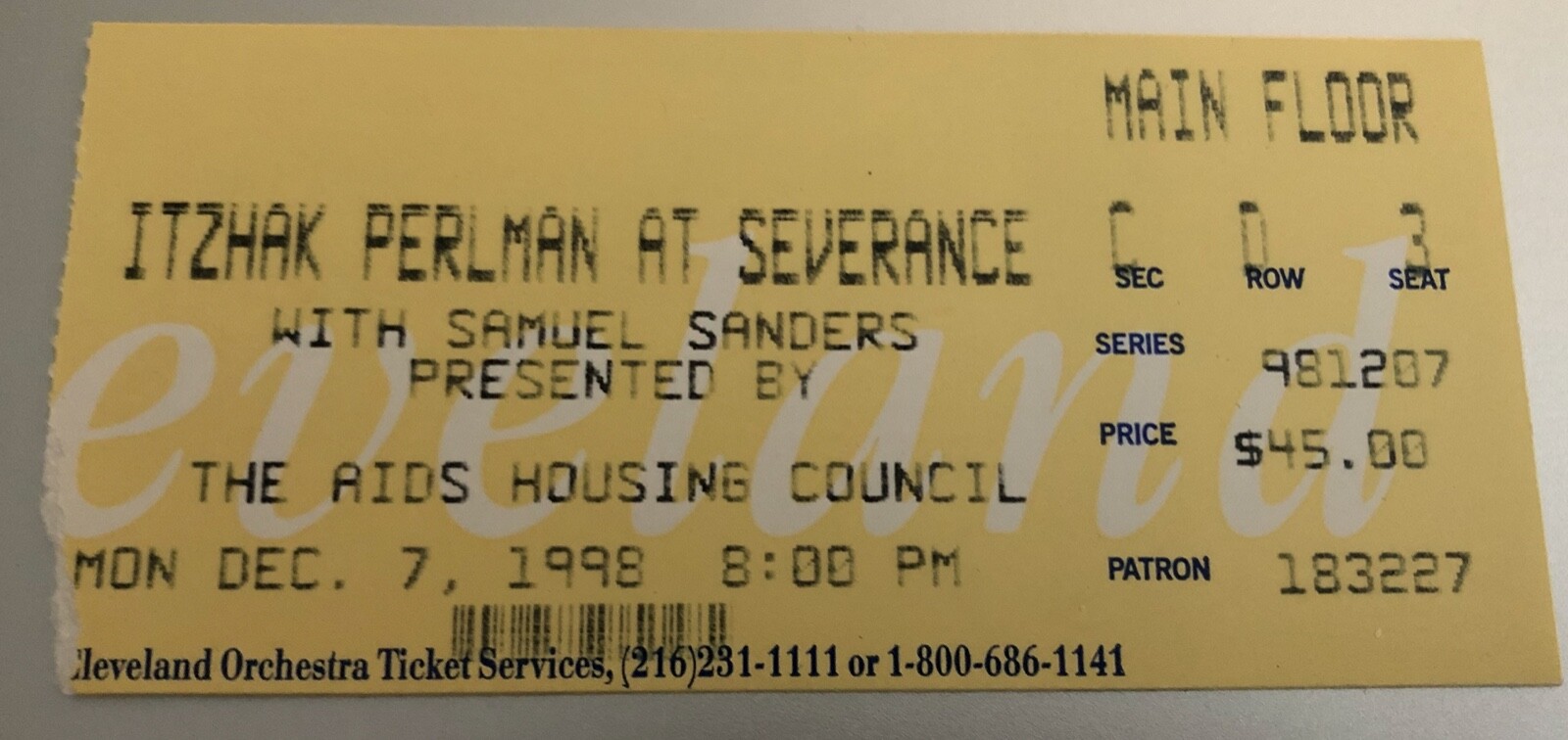Vintage Itzhak Perlman Ticket Stub 12/07/1998 Cleveland Ohio Orchestra Scarce