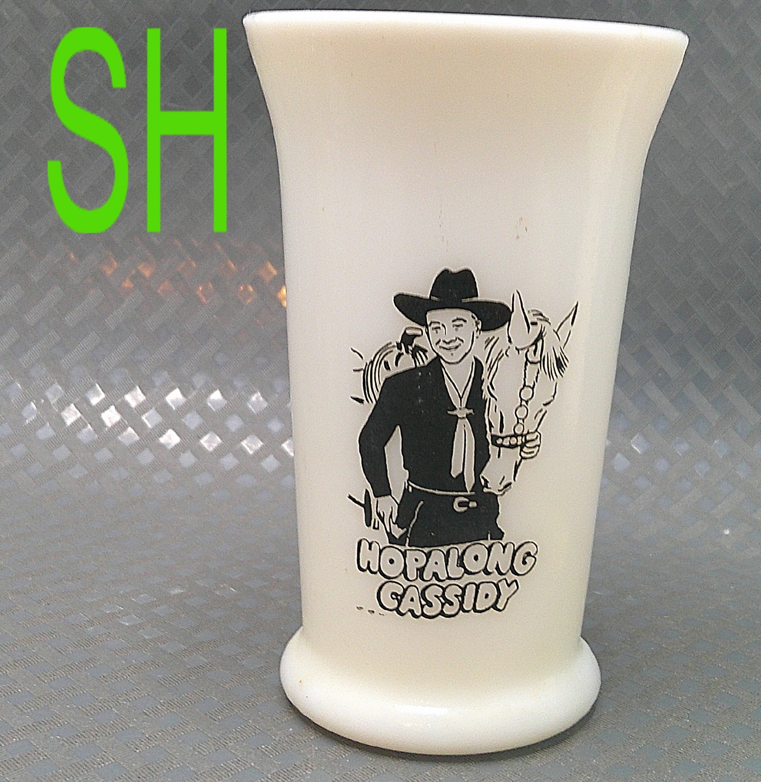 Vintage 1950s Hopalong Cassidy White Milk Glass Tumbler Hoppy William Boyd Horse