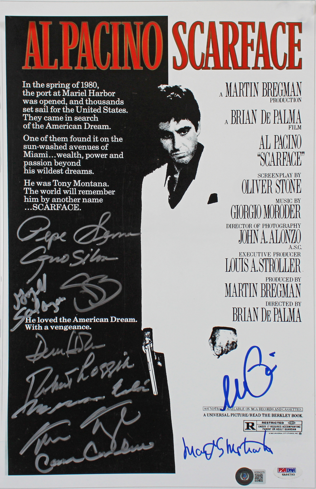 Scarface (11) Pacino, Bauer, Loggia +8 Signed 12×18 Mini Movie Poster Photo BAS
