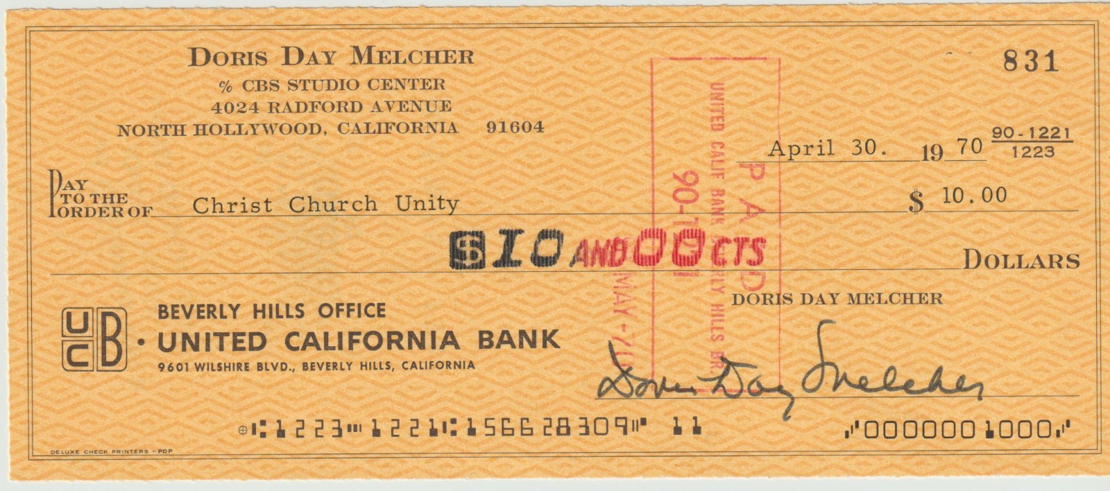 DORIS DAY -Signed Cancelled Bank Check, Leading Actress, Singer “Que Sera, Sera”