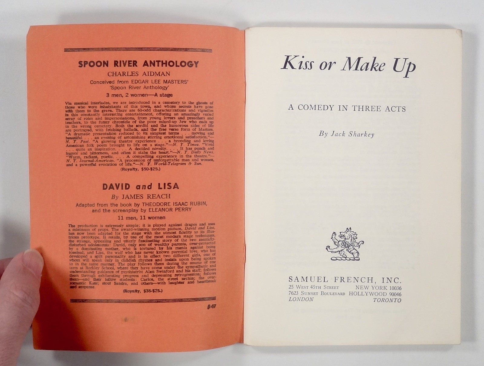 1972 Jack Sharkey KISS OR MAKE UP script Samuel French A COMEDY IN THREE ACTS