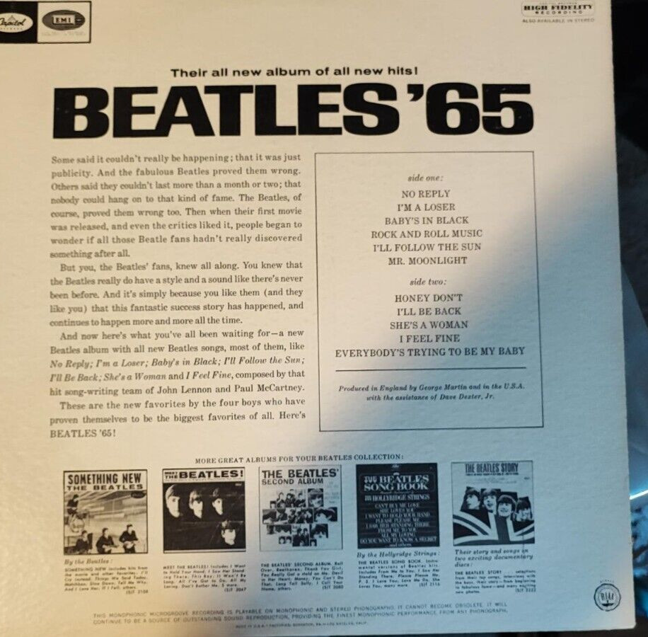Original VG++ to NM- “Mono” Beatles 65′ on The Original Capitol Rainbow Label