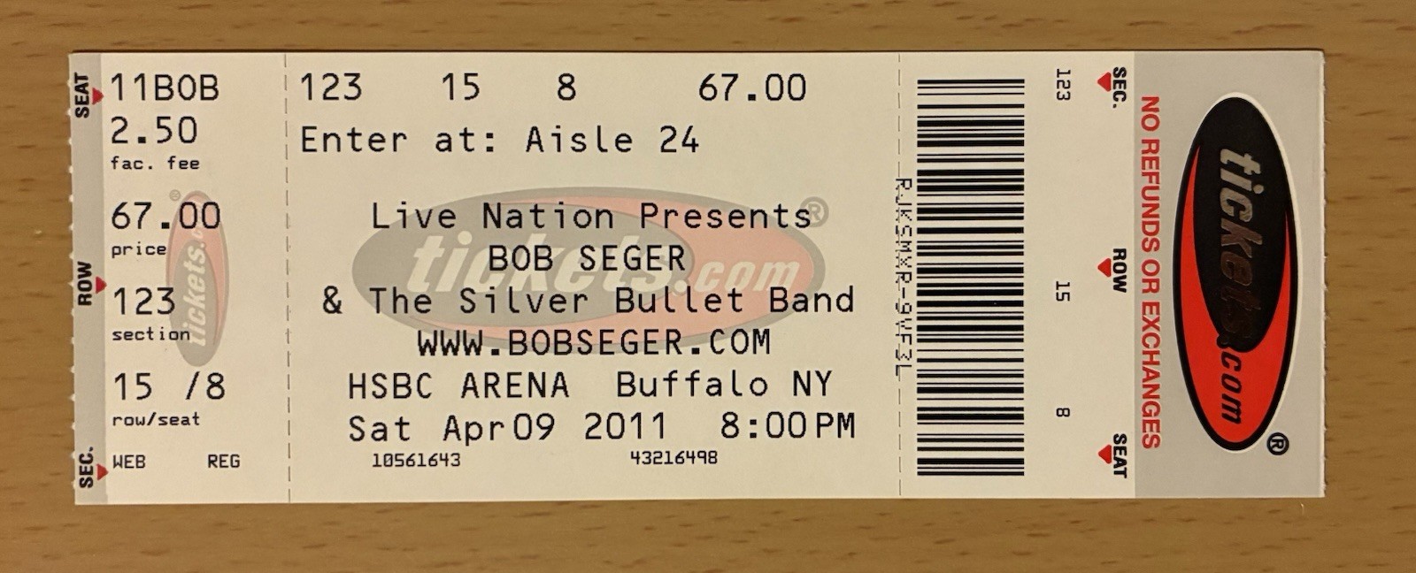 2011 BOB SEGER & THE SILVER BULLET BAND BUFFALO CONCERT TICKET STUB 8
