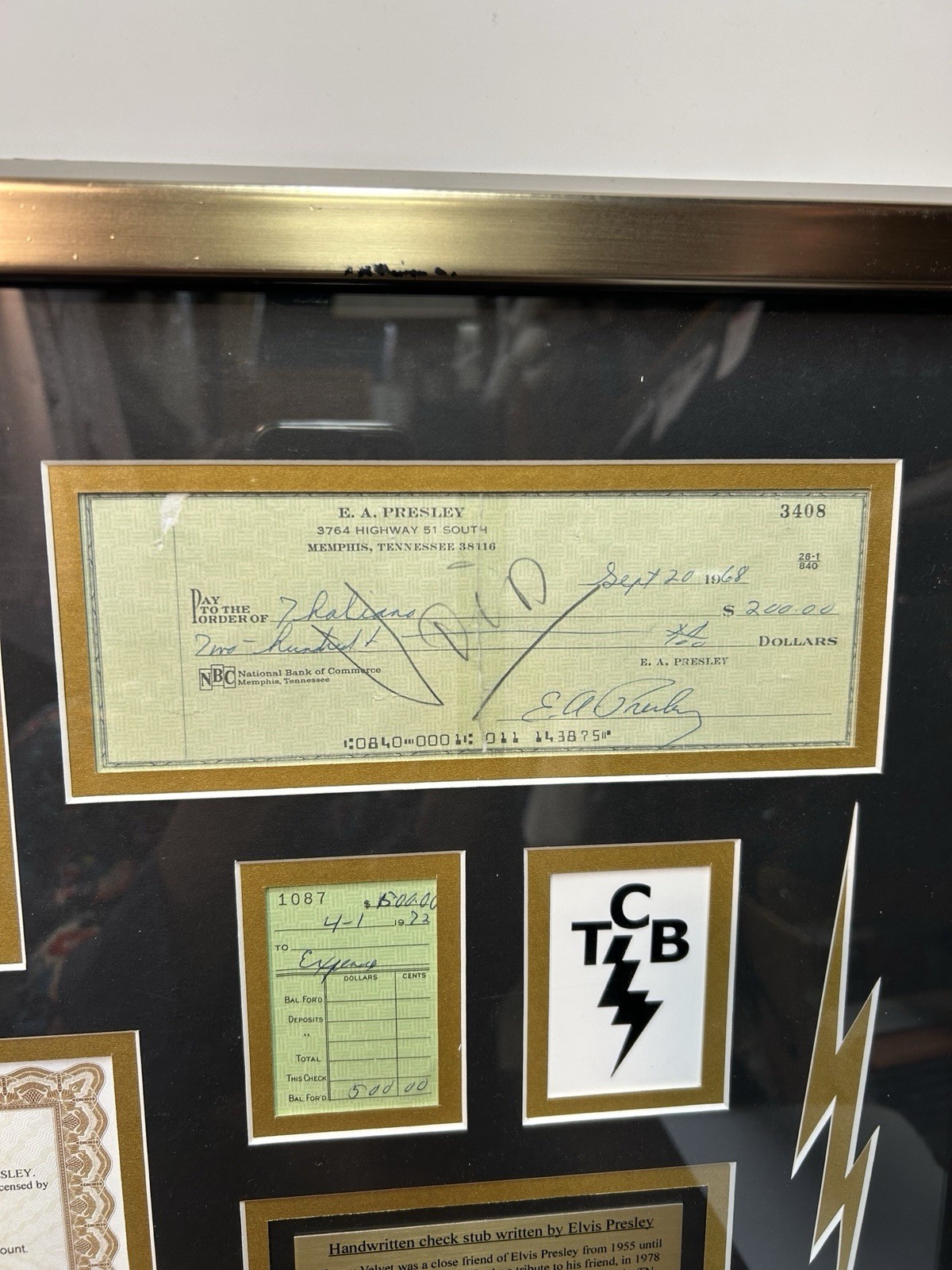 Elvis Presley Handwritten Check Stub COA Jimmy Velvet Signed Display