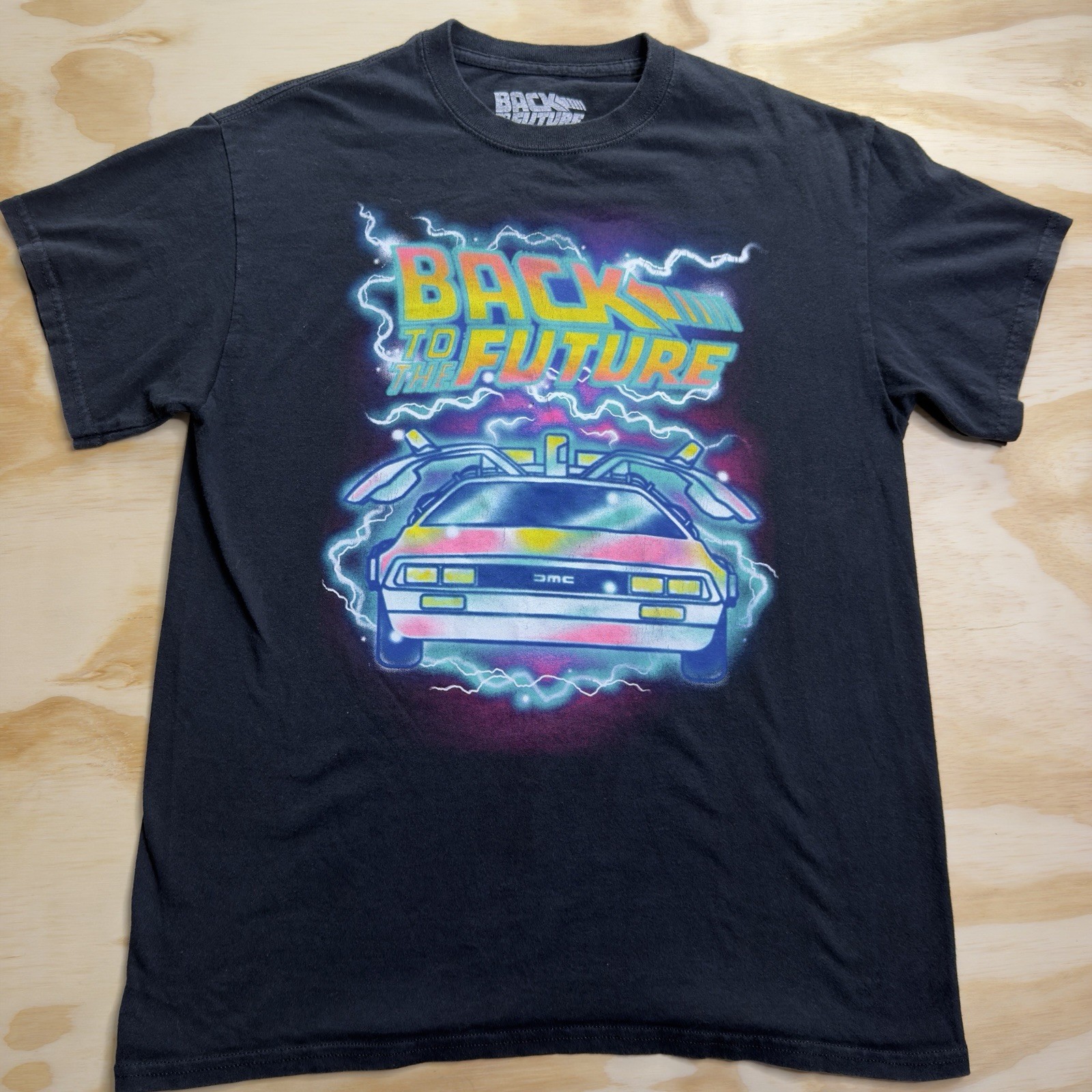 Back to the Future T-shirt Mens Medium Black DeLorean Graphic Print Colorful