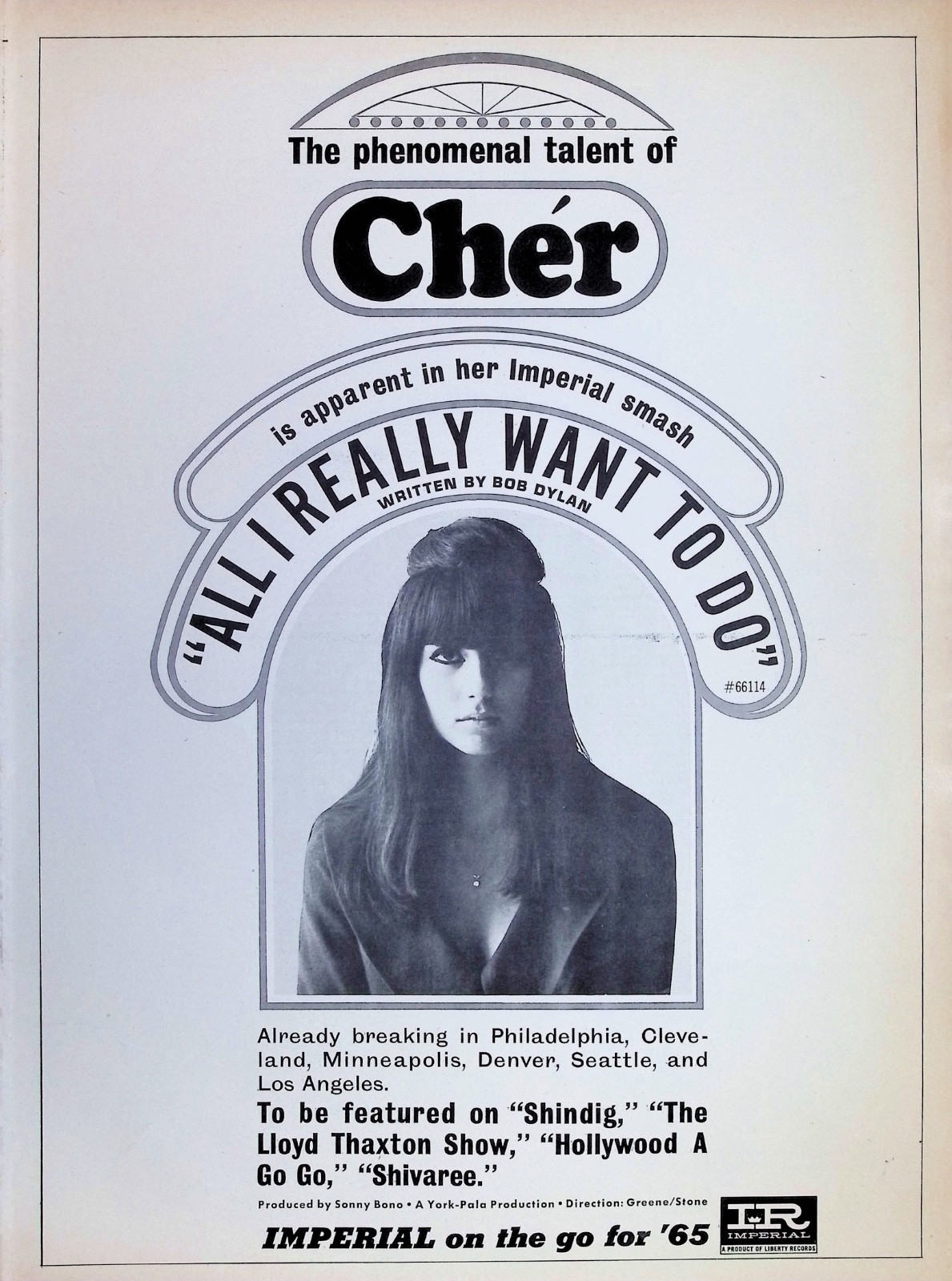 Original 1965 Cher Ad: All I Really Want To Do Imperial Bob Dylan Song Promo