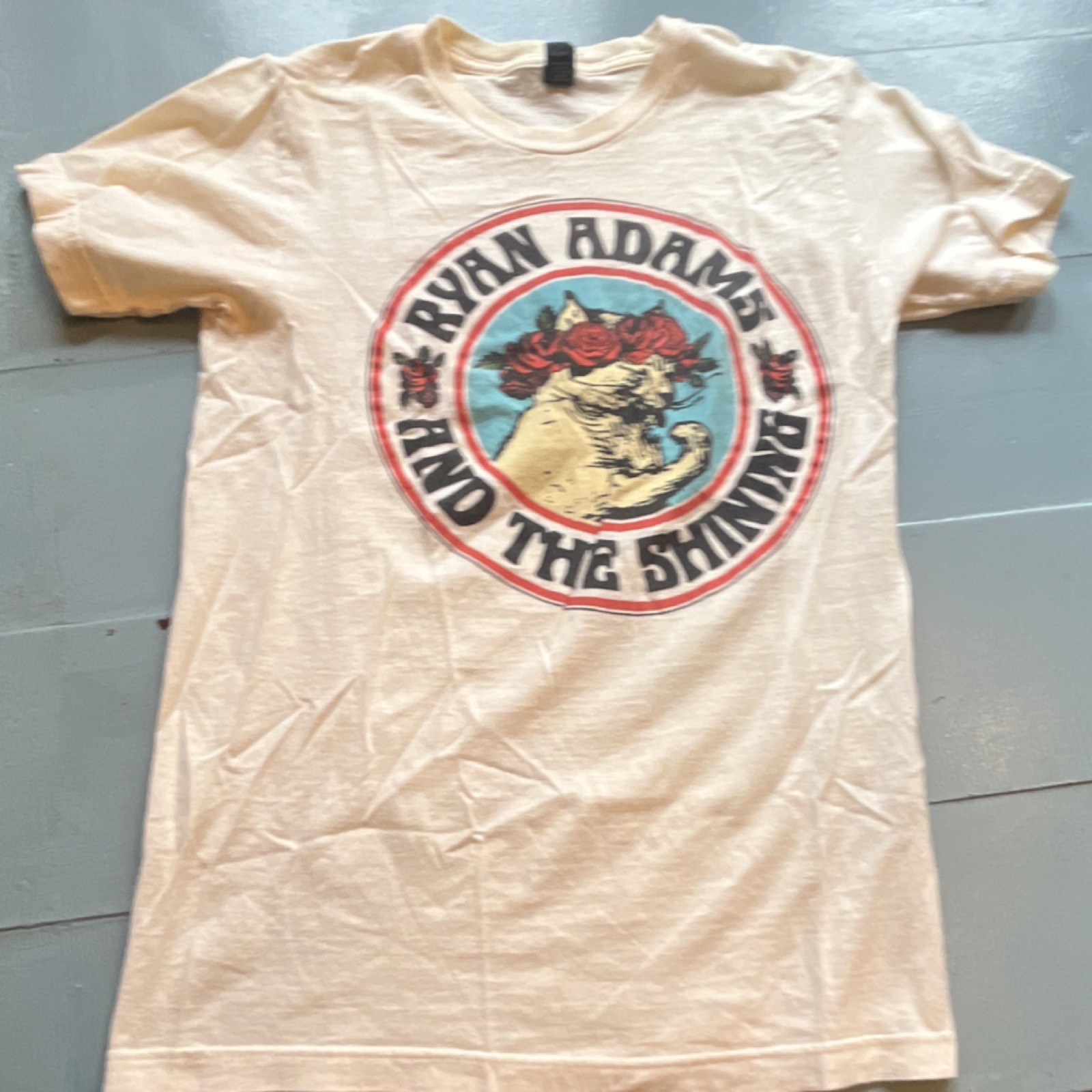 Ryan Adams Band Tee Womens Cream Graphic T Shirt Roses Short Sleeve Top Rock M
