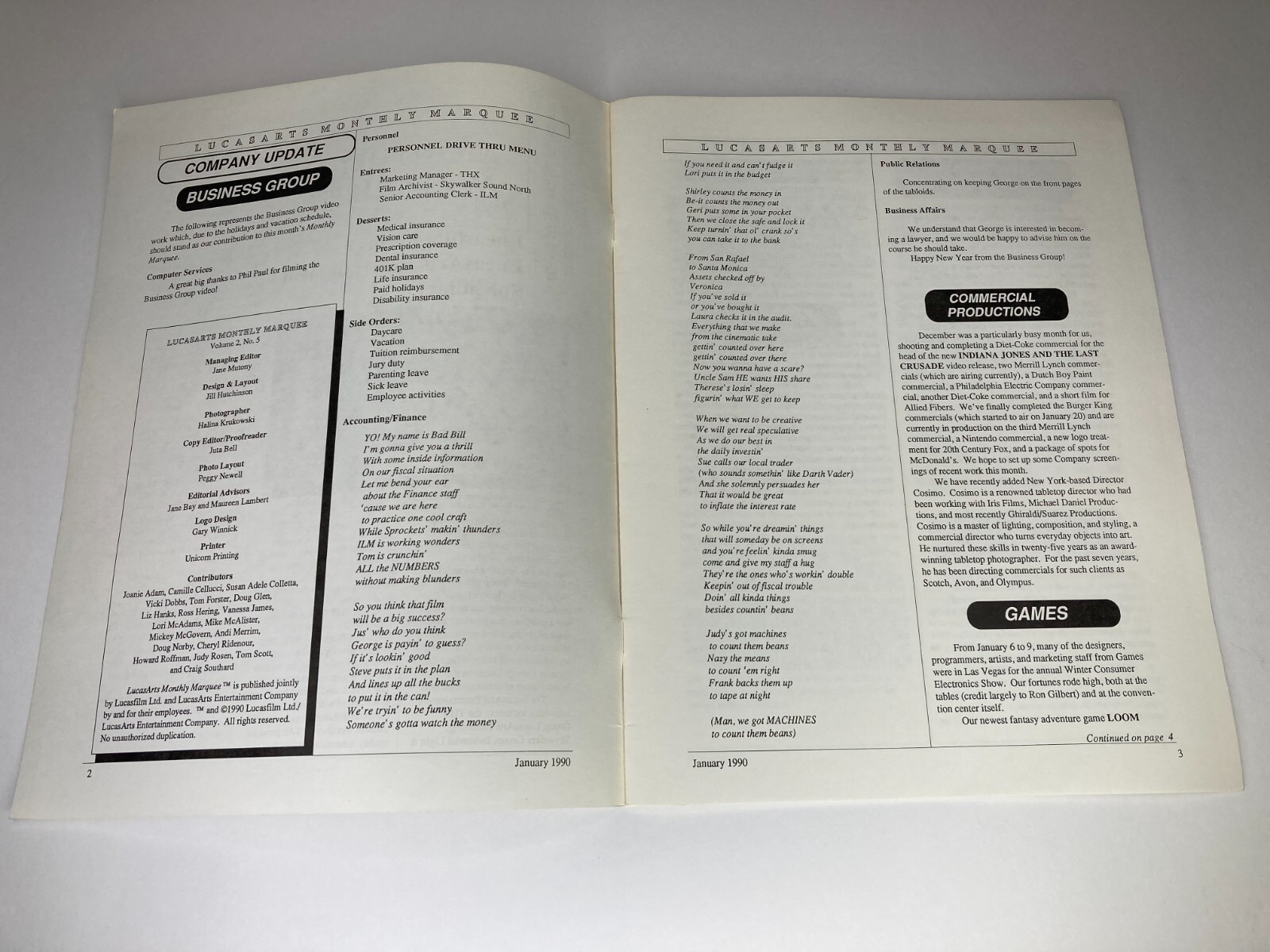 LUCASFILM Employee Newsletter JAN 1990 Monthly Marquee LucasArts Formed (B)