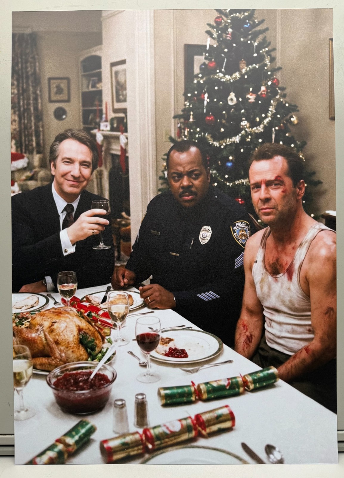 16″ x 22.5″ Diehard Xmas Table, Hans Gruber, Sgt. Al, John McClane, Printed Sign