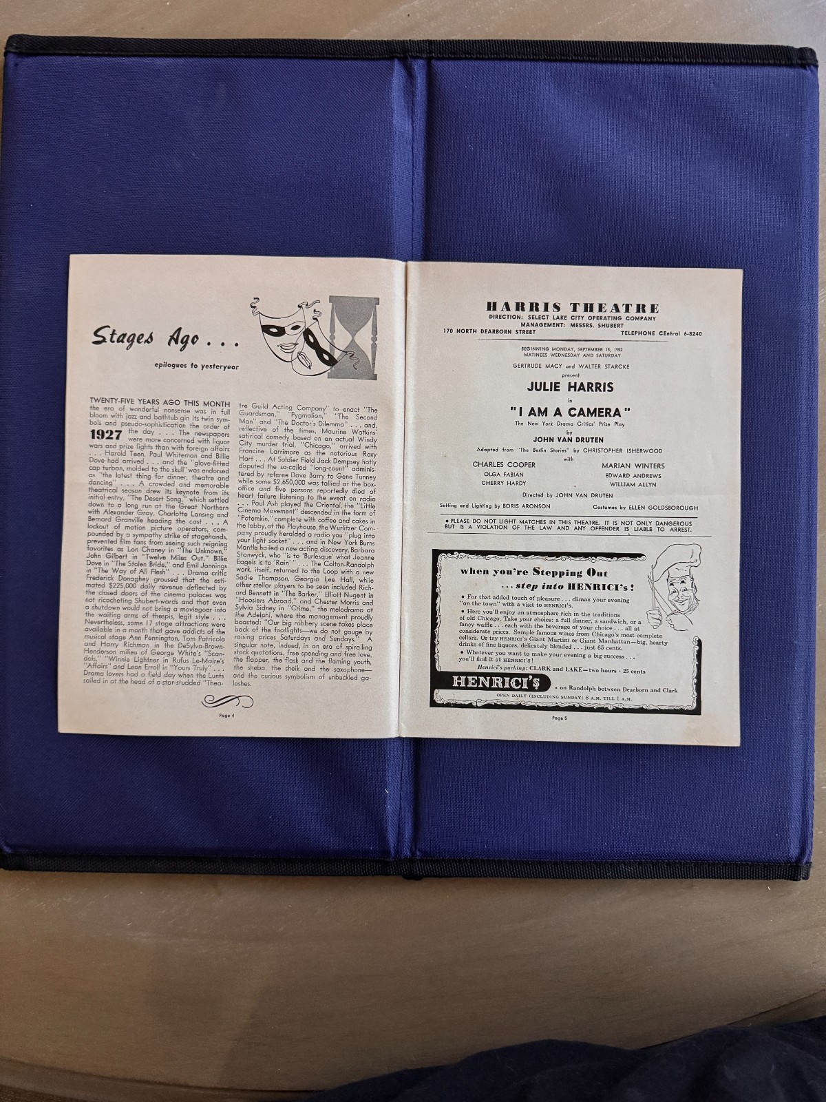 SEPTEMBER 1952 HARRIS THEATRE CHICAGO STAGEBILL I AM A CAMERA JULIE HARRIS