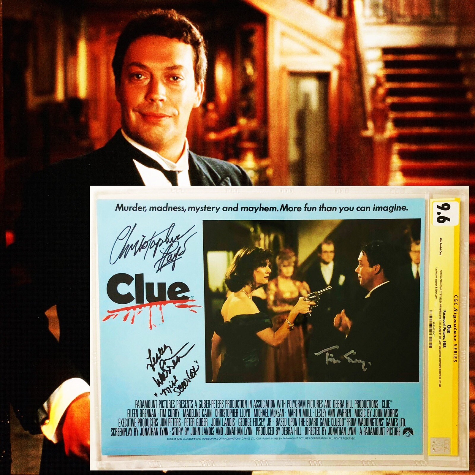 CGC 9.6 SS Clue Lobby Card signed by Curry, Lloyd & Warren 11×14 1986