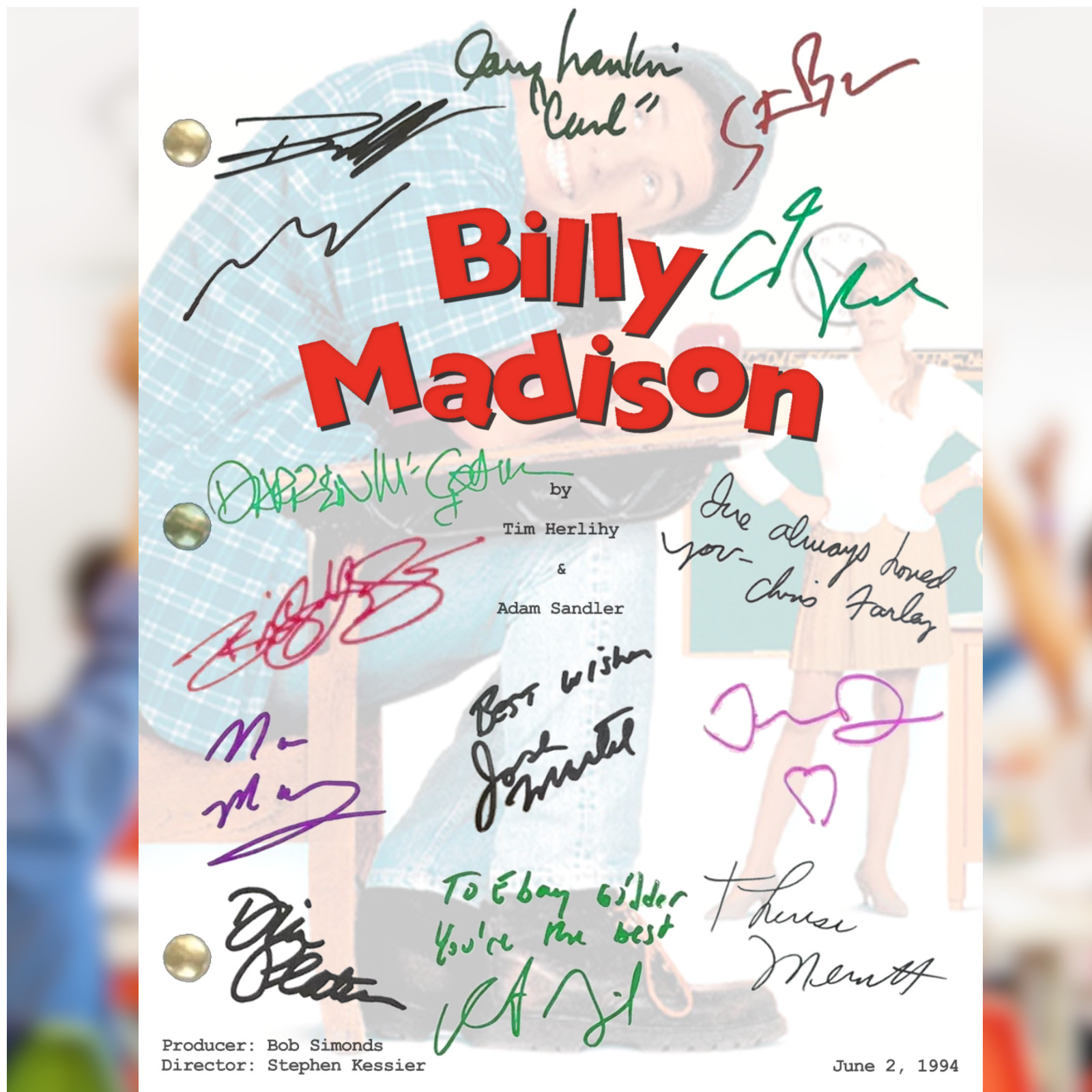 Billy Madison Movie Script Autograph Signed Reprints Chris Farley – Adam Sandler