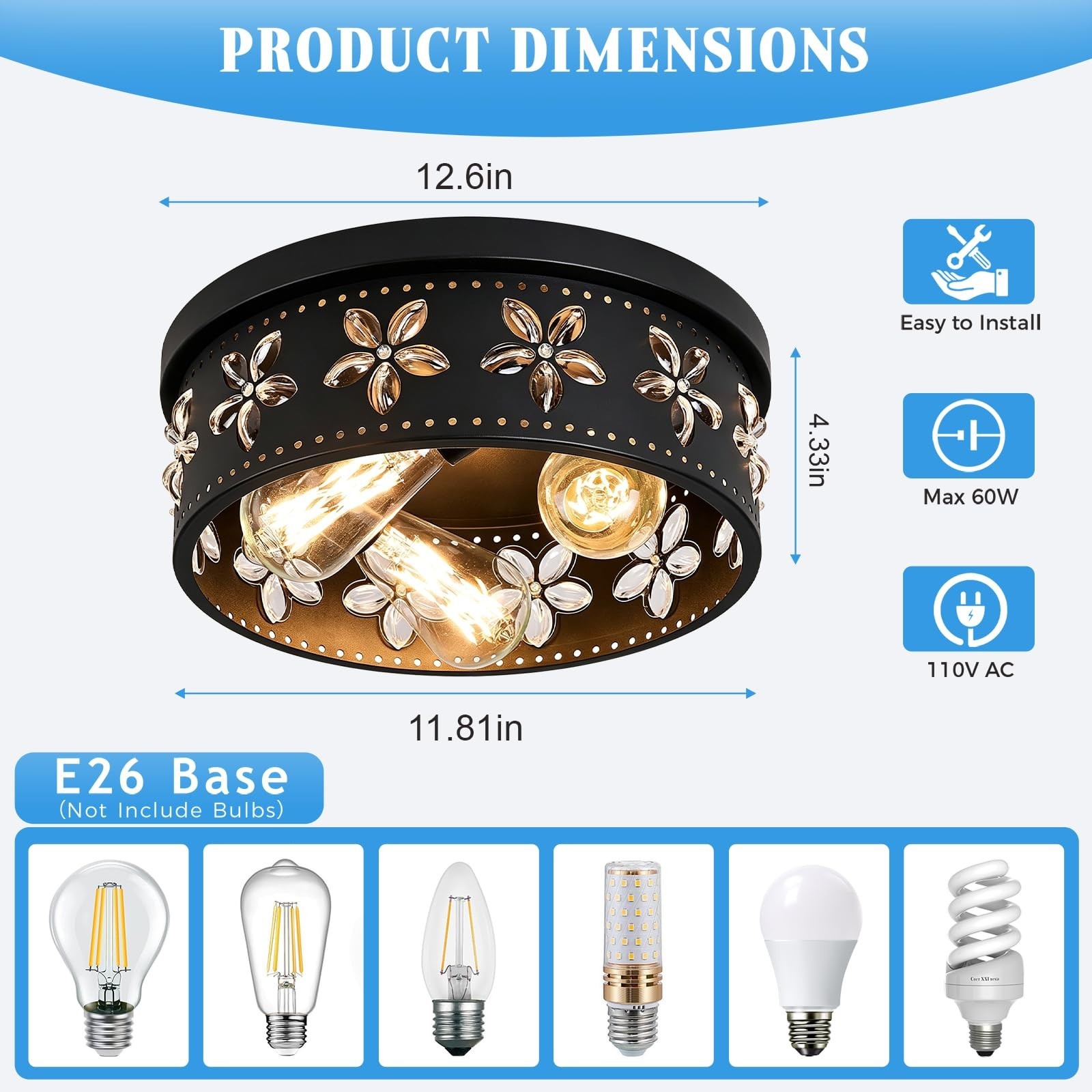 12.6 Inch Black Flush Mount Ceiling Light Fixture | 3-Light, Flower, Farmhous…