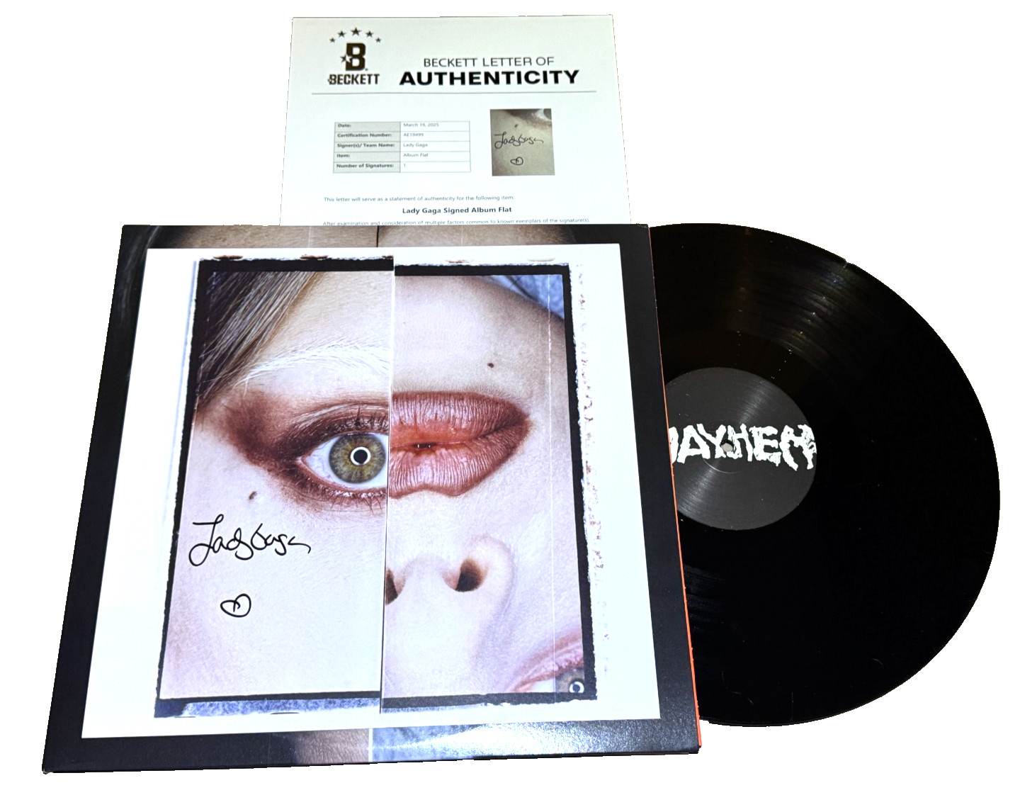 LADY GAGA SIGNED MAYHEM STORE EXCLUSIVE LP COVER ALBUM FLAT AUTOGRAPH BAS COA