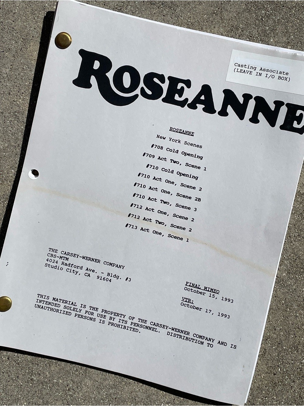 Roseanne Vtg 1993 Production Used Final Draft Script On-Location NY Episodes