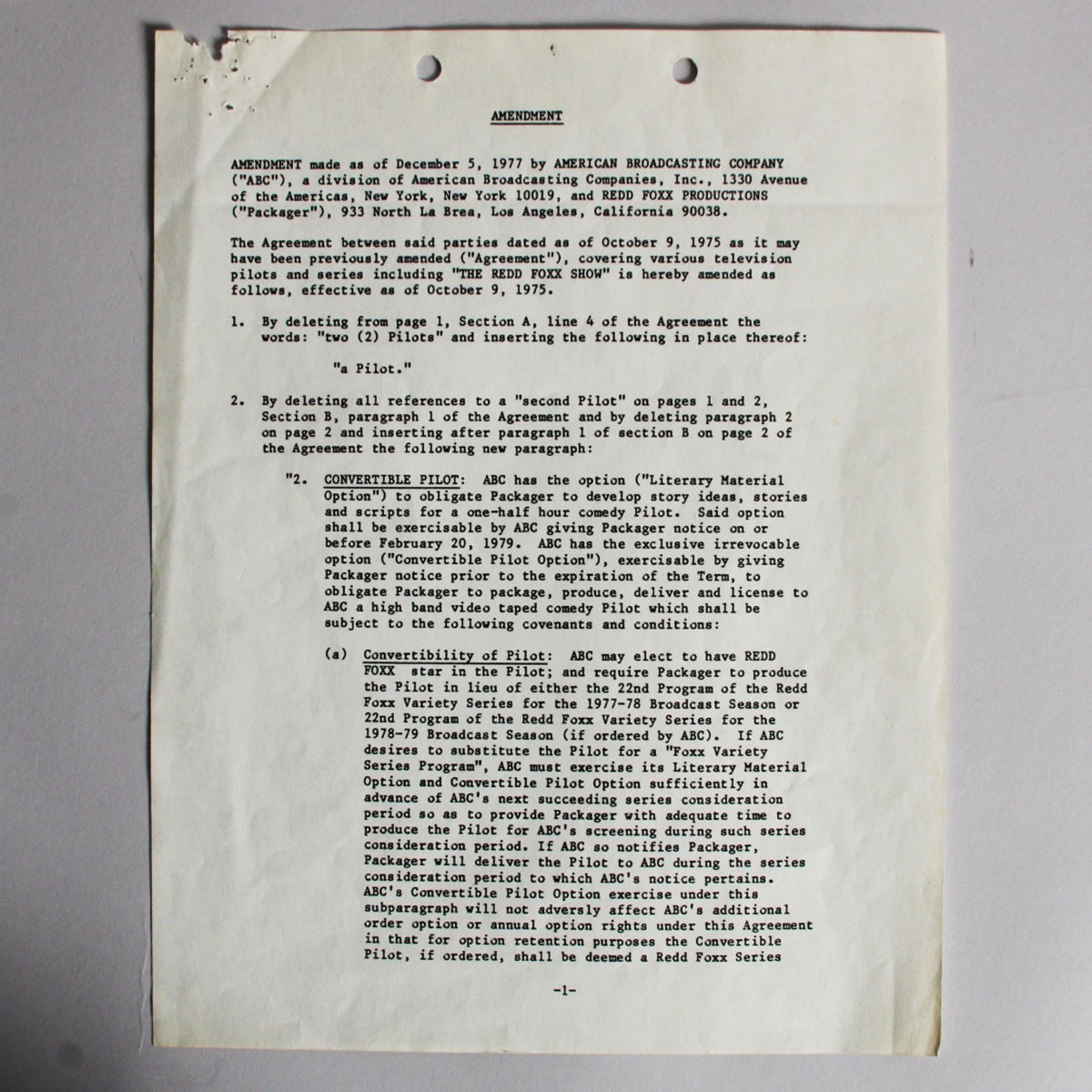 Redd Foxx Signed Contract Television Comedy Series – COA JSA
