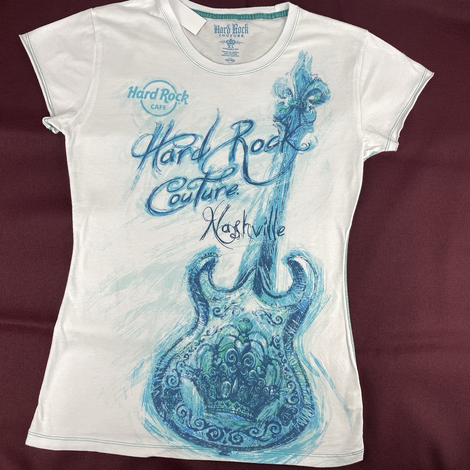 Nashville Hard Rock Cafe Shirt Junior XL Guitar 100% Cotton White Excellent!!