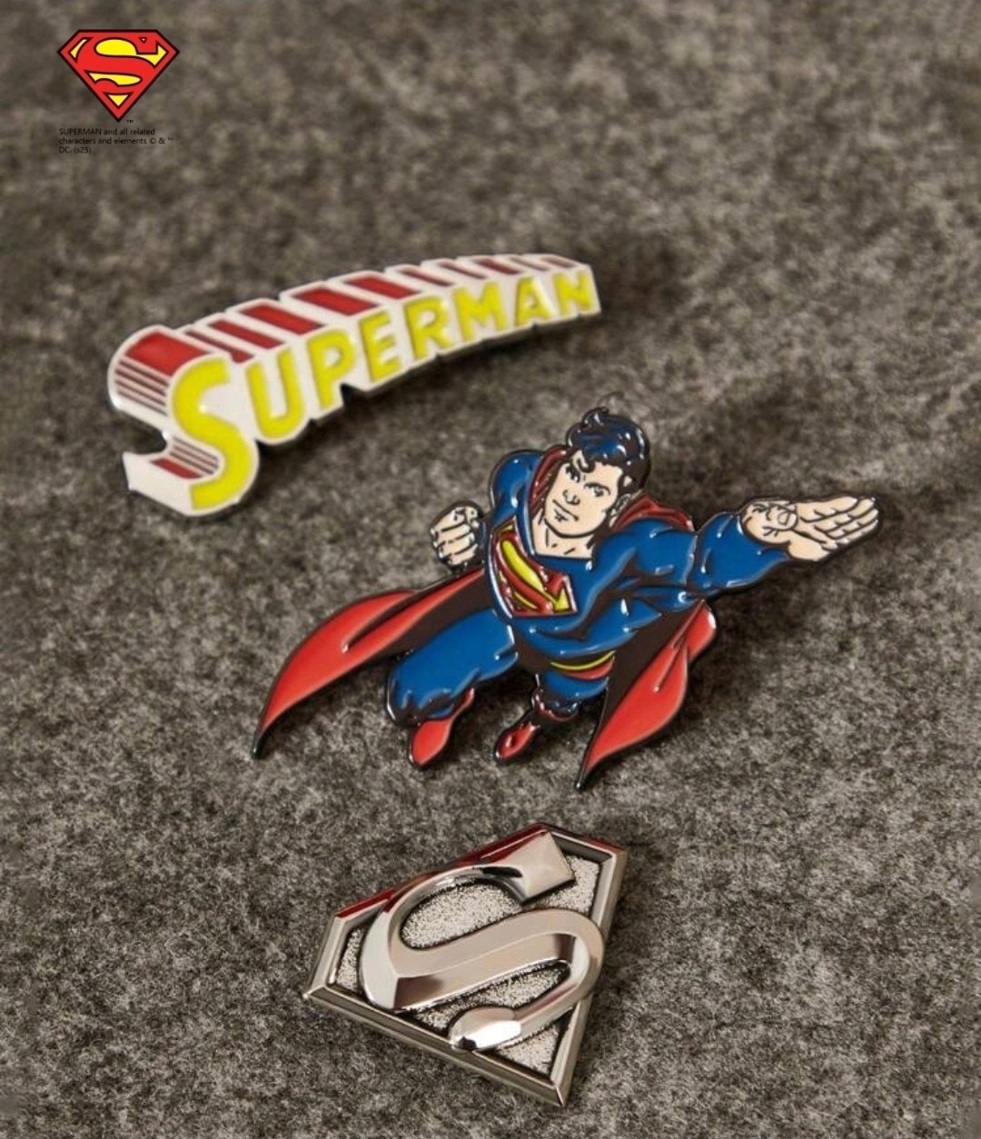 Superman 3 Piece Enamel Pin Set Logo Flying Shield Licensed NEW