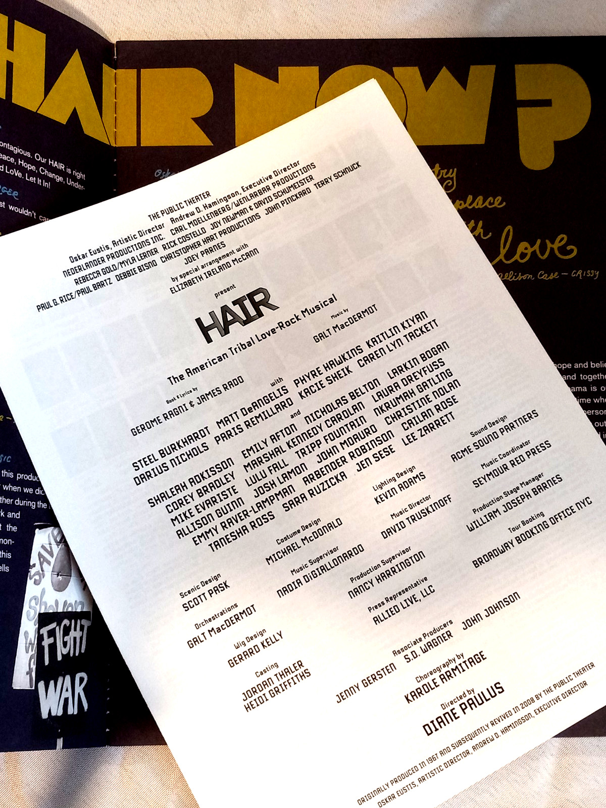 HAIR 2009 Revival NYC Public Theater Program Steel Burkhardt New w/insert