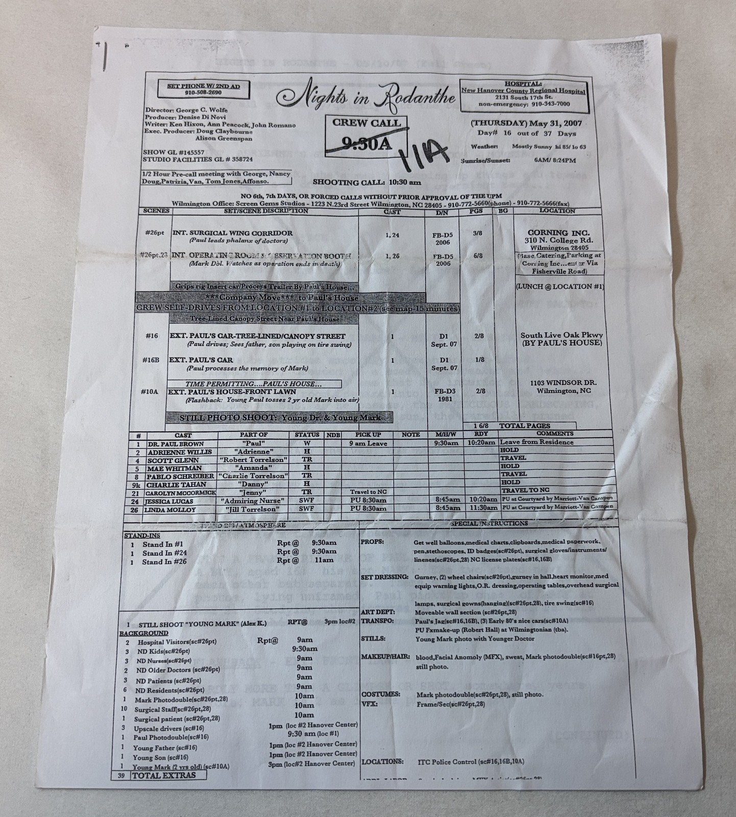 2007 NIGHTS IN RODANTHE original movie CALL SHEET+five pages of sides