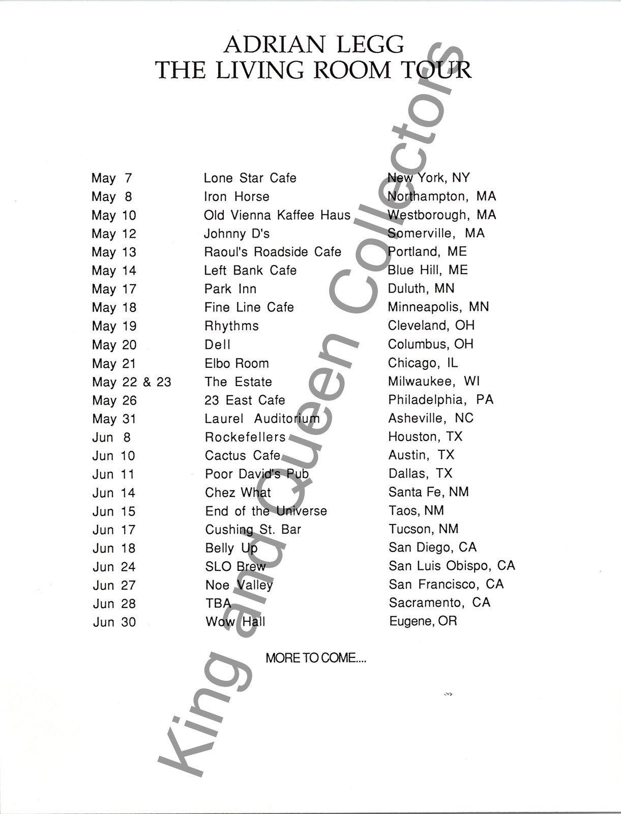 Adrian Legg Original Press Kit Tour Information Sheet